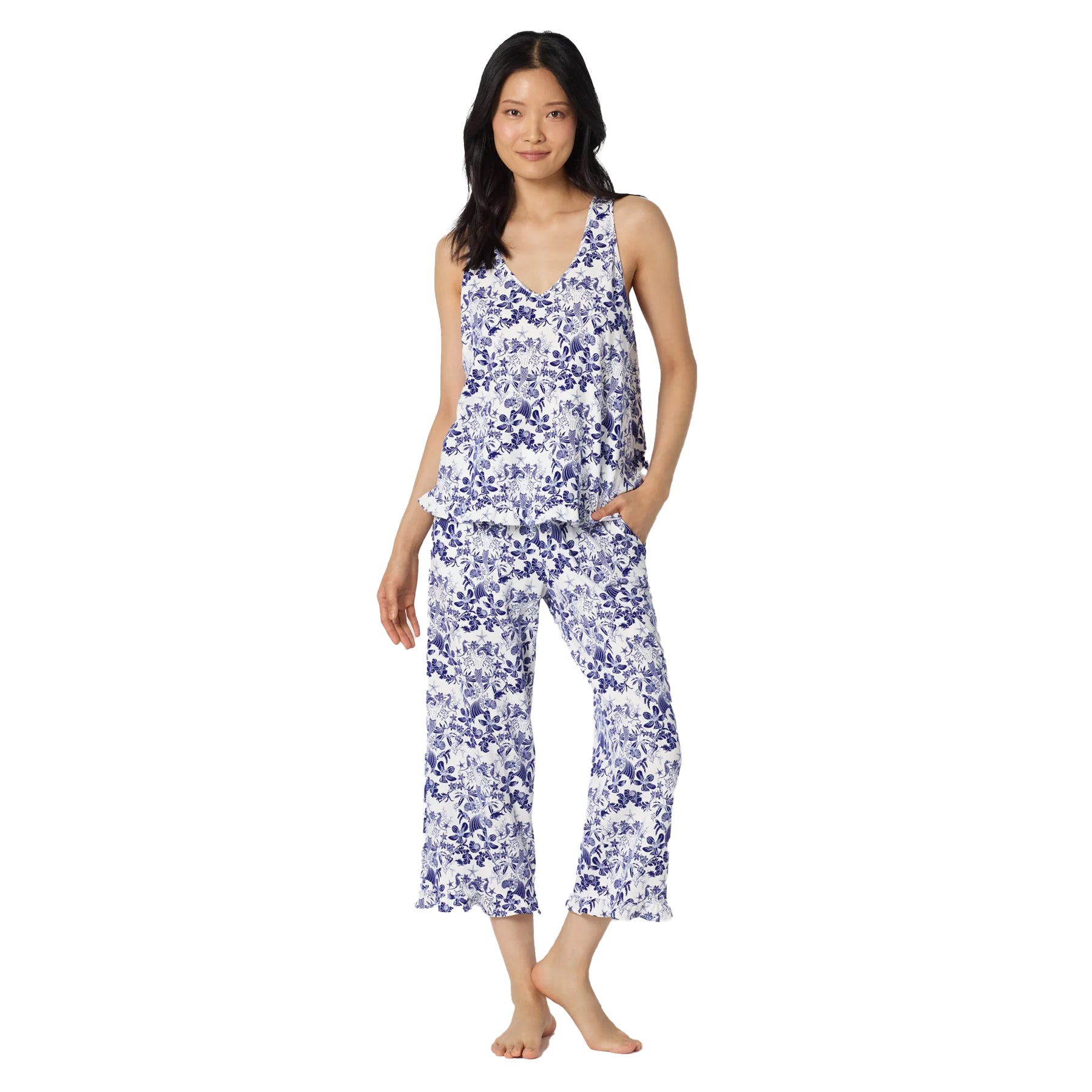 BedHead sleeveless pajama set with blue under the sea floral print and relaxed cropped lounge pants.