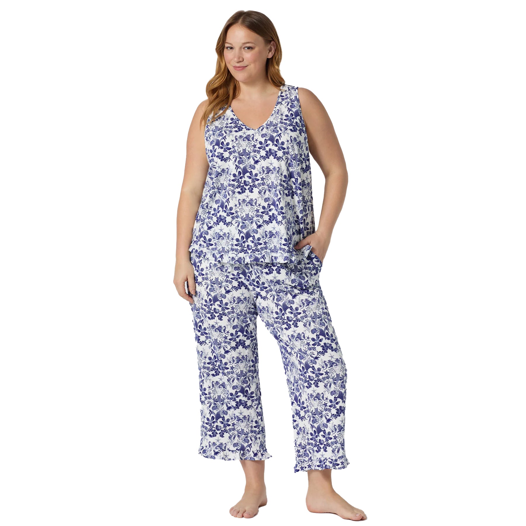 Plus size Bedhead sleeveless pajama set with soft blue underwater inspired floral print and flowy fit.