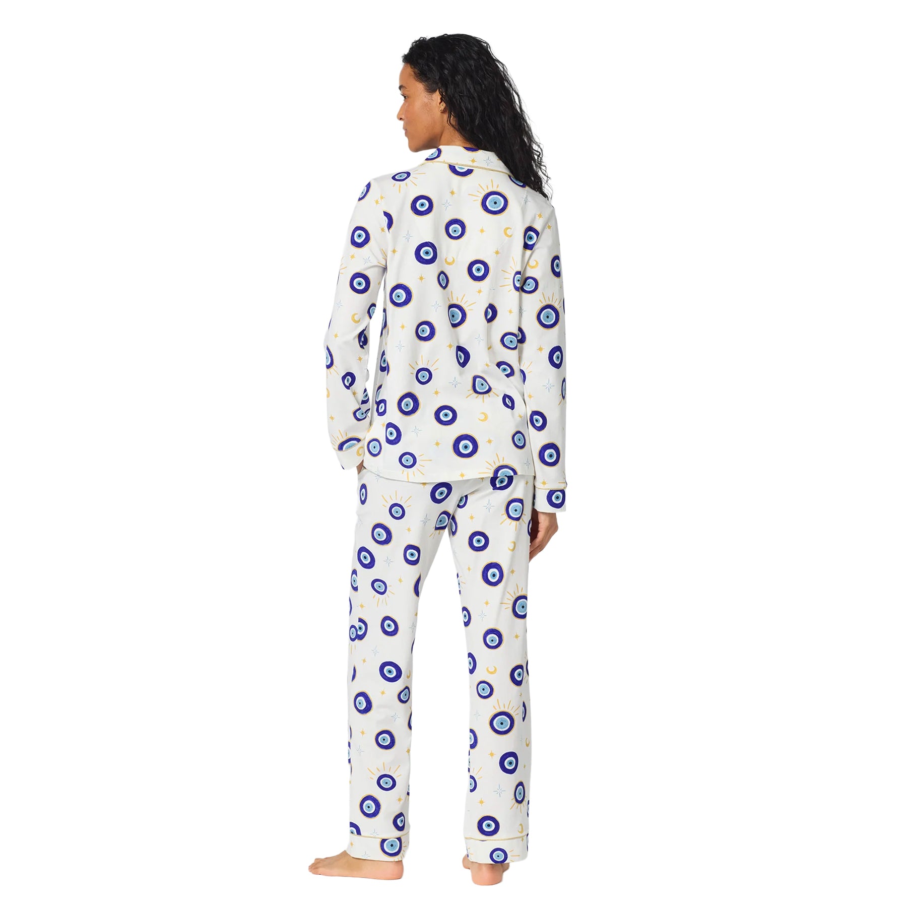 Back view of BedHead white long-sleeve pajama set featuring a blue evil eye and celestial print.