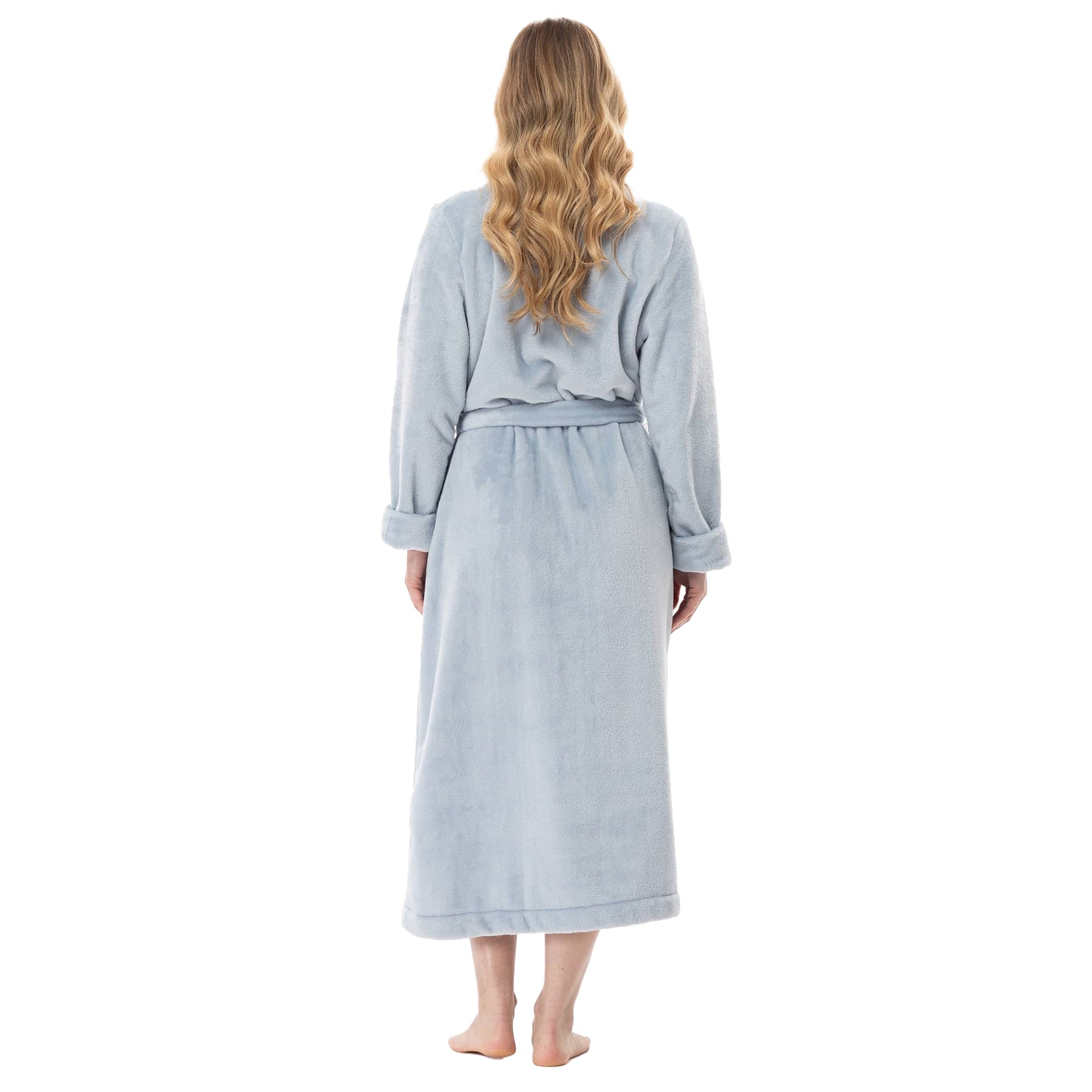 Back view of long blue fleece robe with belt and cuffed sleeves.