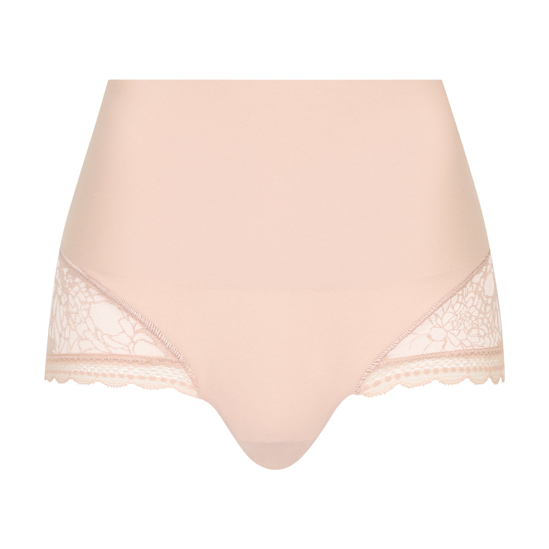 Chantelle high-waist smoothing shorty in soft blush with seamless microfiber front, floral lace side inserts, and smooth no-show waistband.