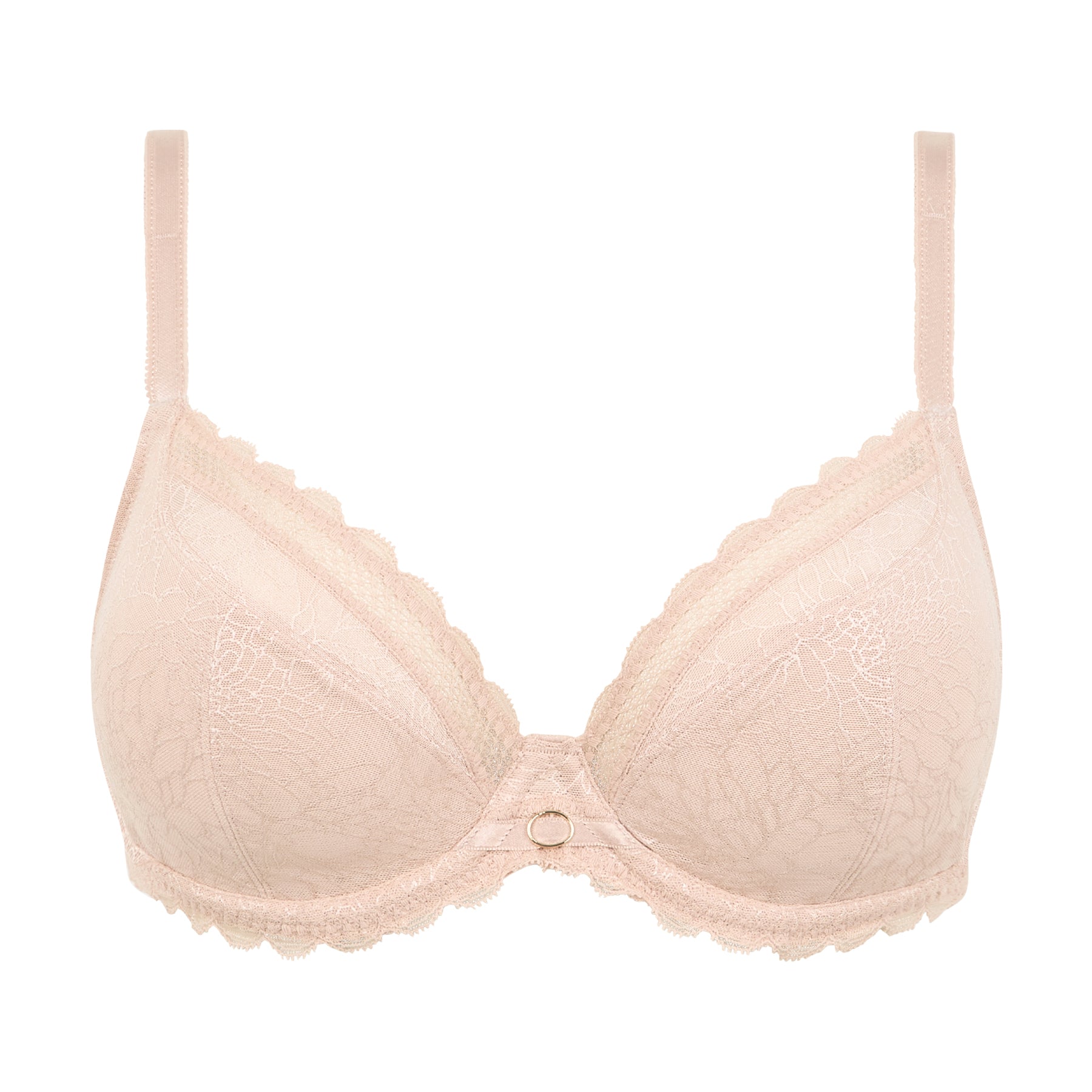 Chantelle lace full cup underwire bra in soft blush pink with floral lace cups and scalloped trim, front view.
