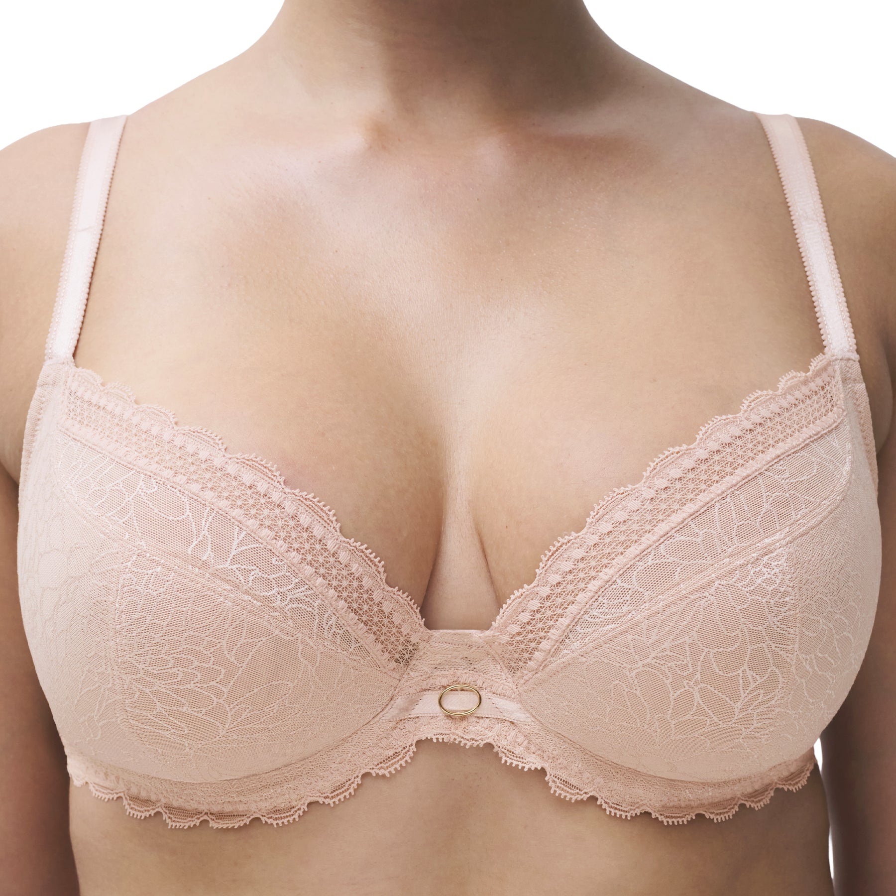 Close-up of Chantelle blush pink lace full cup underwire bra showing floral lace cups, scalloped neckline, and supportive fit.