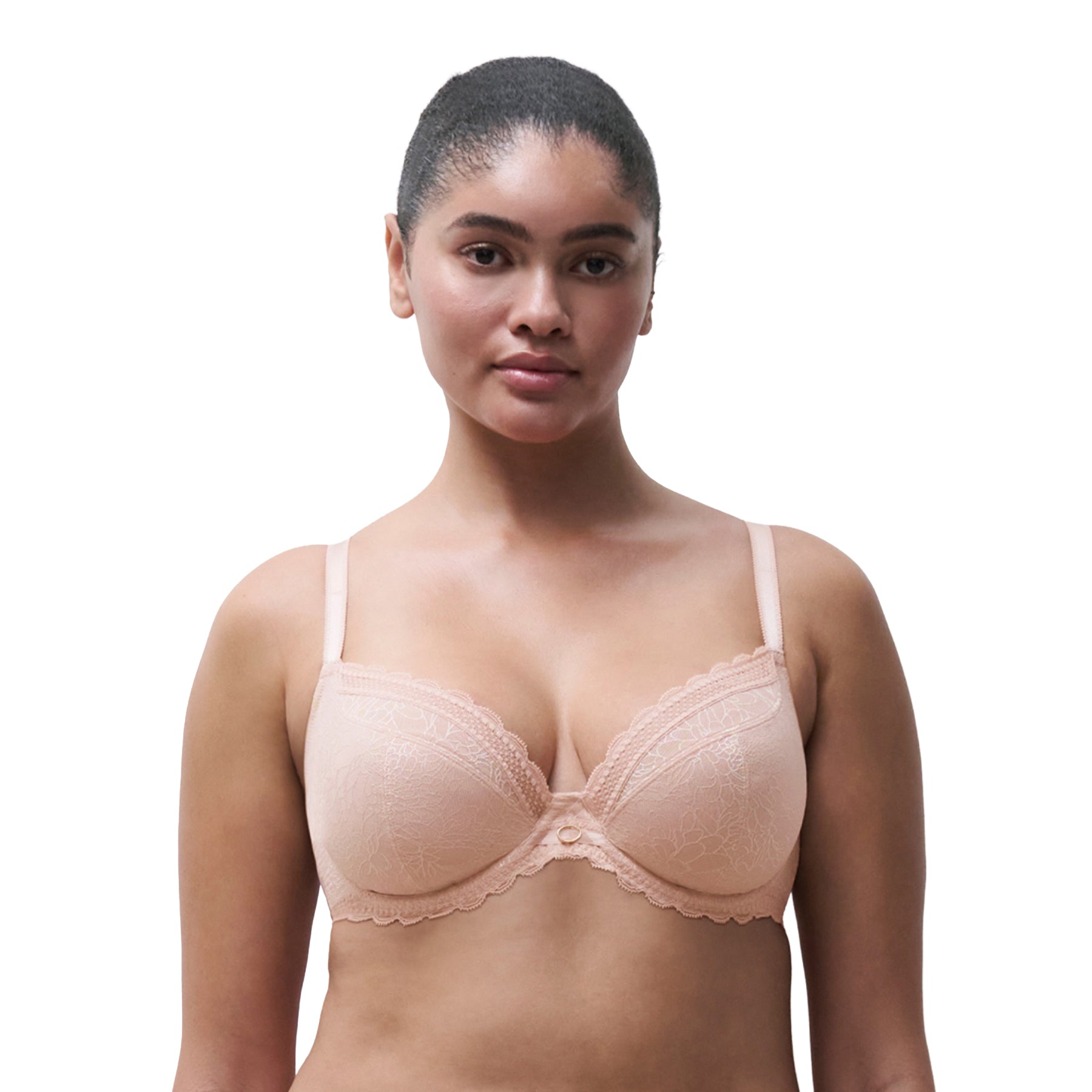 Model wearing Chantelle blush pink lace full cup underwire bra with floral lace cups and natural rounded shape.