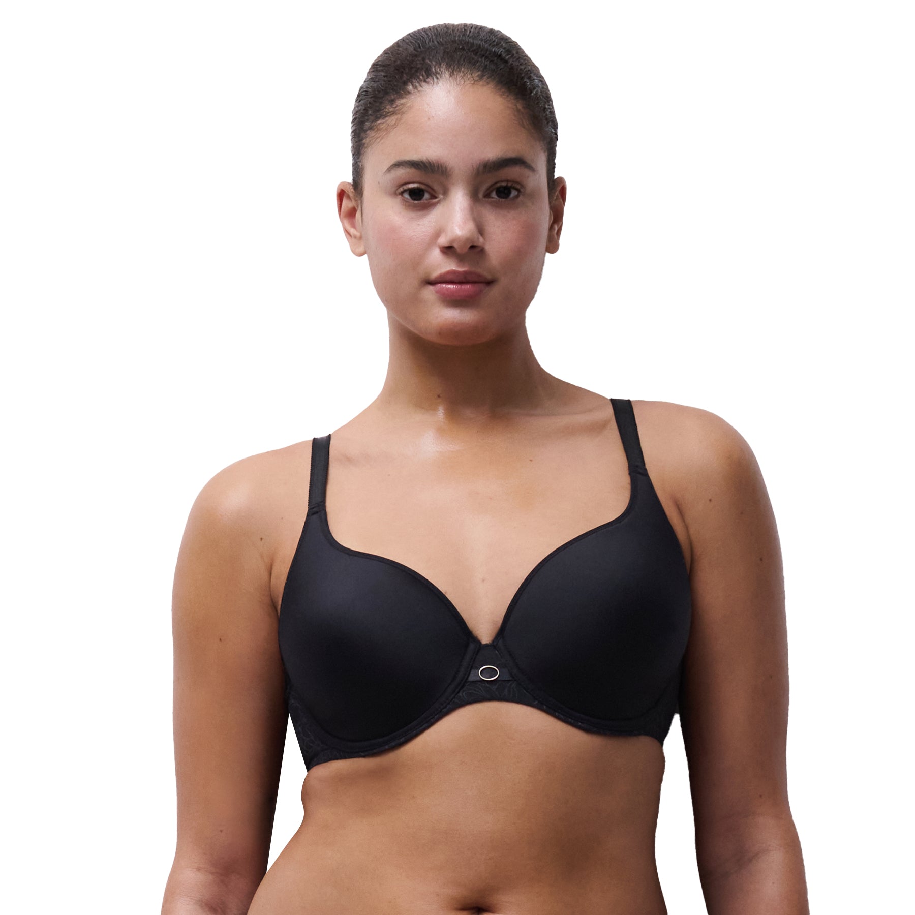 Model wearing black spacer plunge bra with smooth cups and minimalist centre ring detail