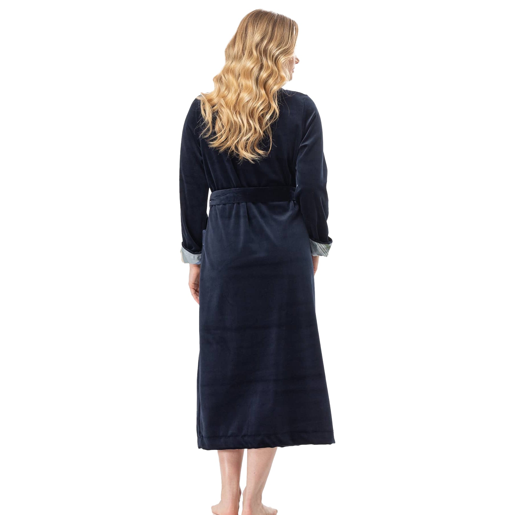 Back view of navy velour robe showing belt and smooth plush finish.