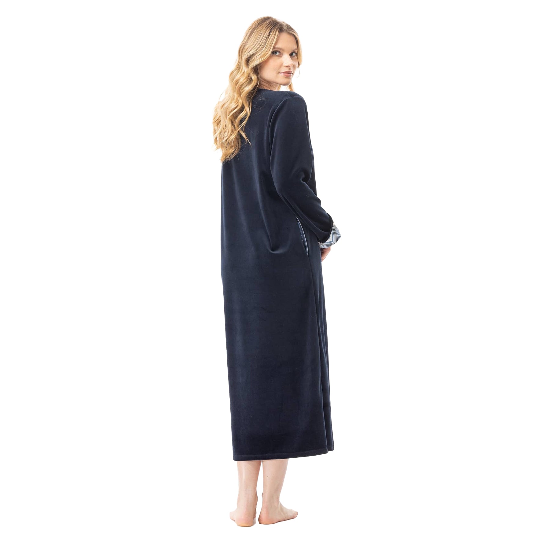 Back view of navy velour nightgown showing smooth drape and relaxed fit.