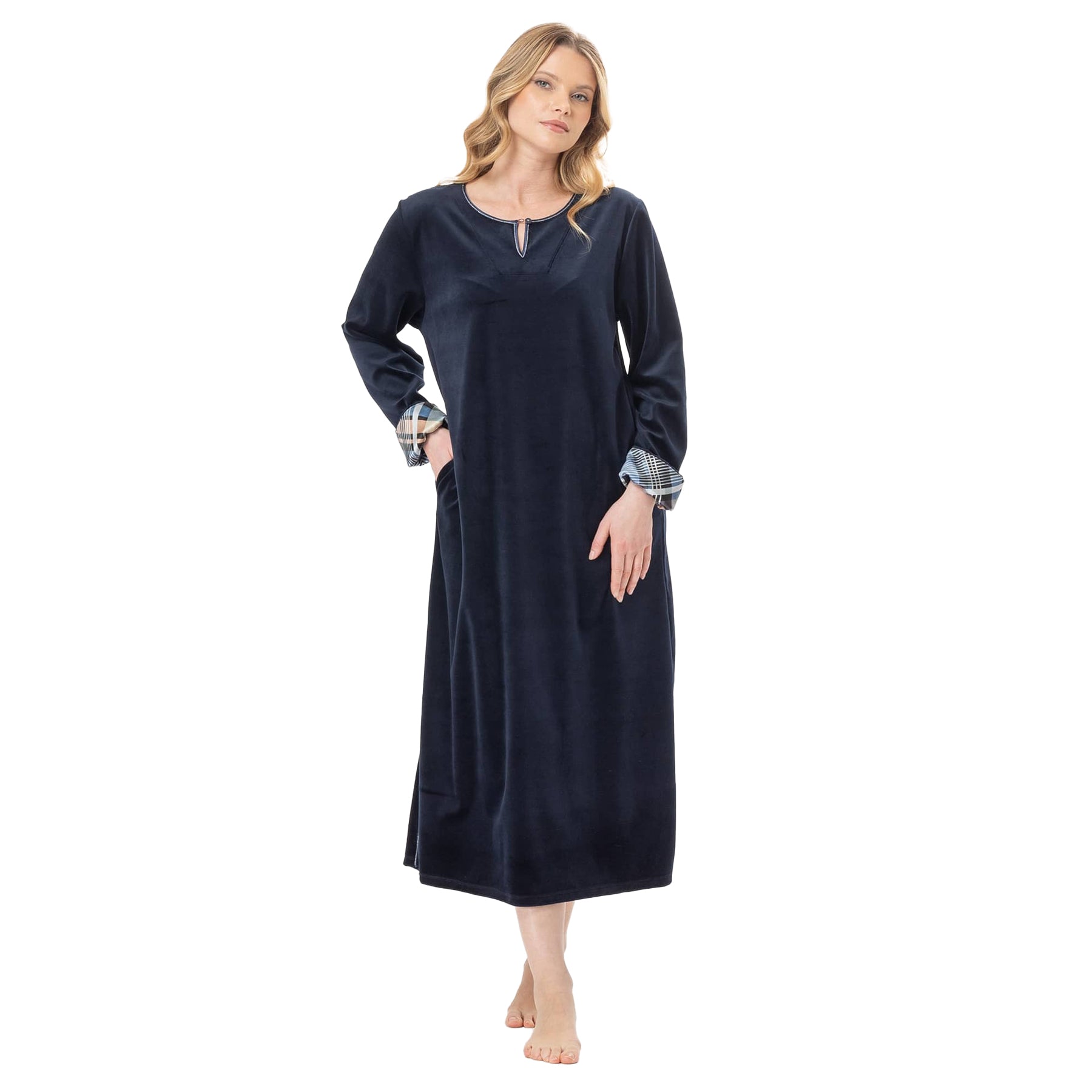 Front view of long-sleeve navy velour nightgown with side pockets and plaid cuffs.