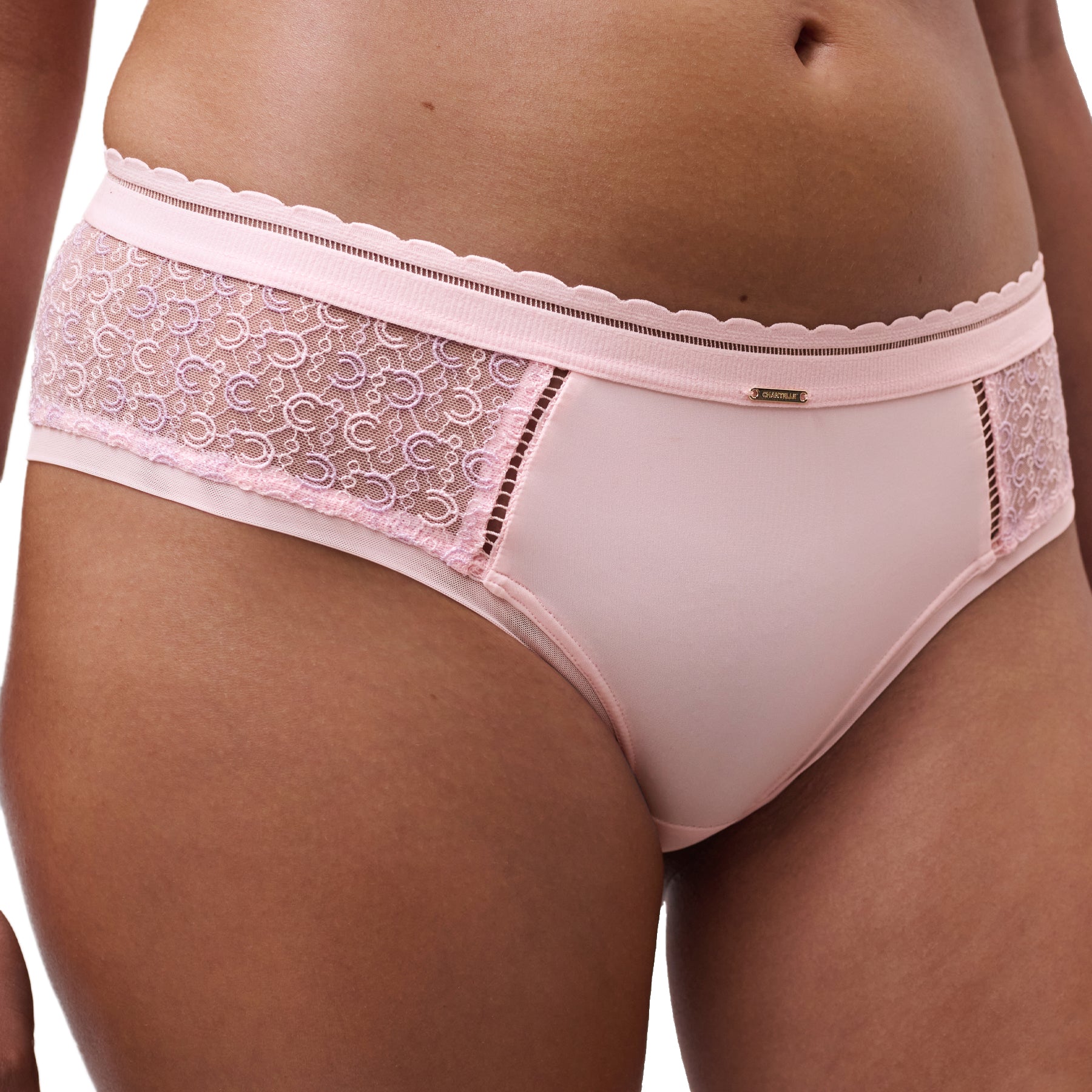 A model wearing a Shorty Pink Chantelle on the white background.