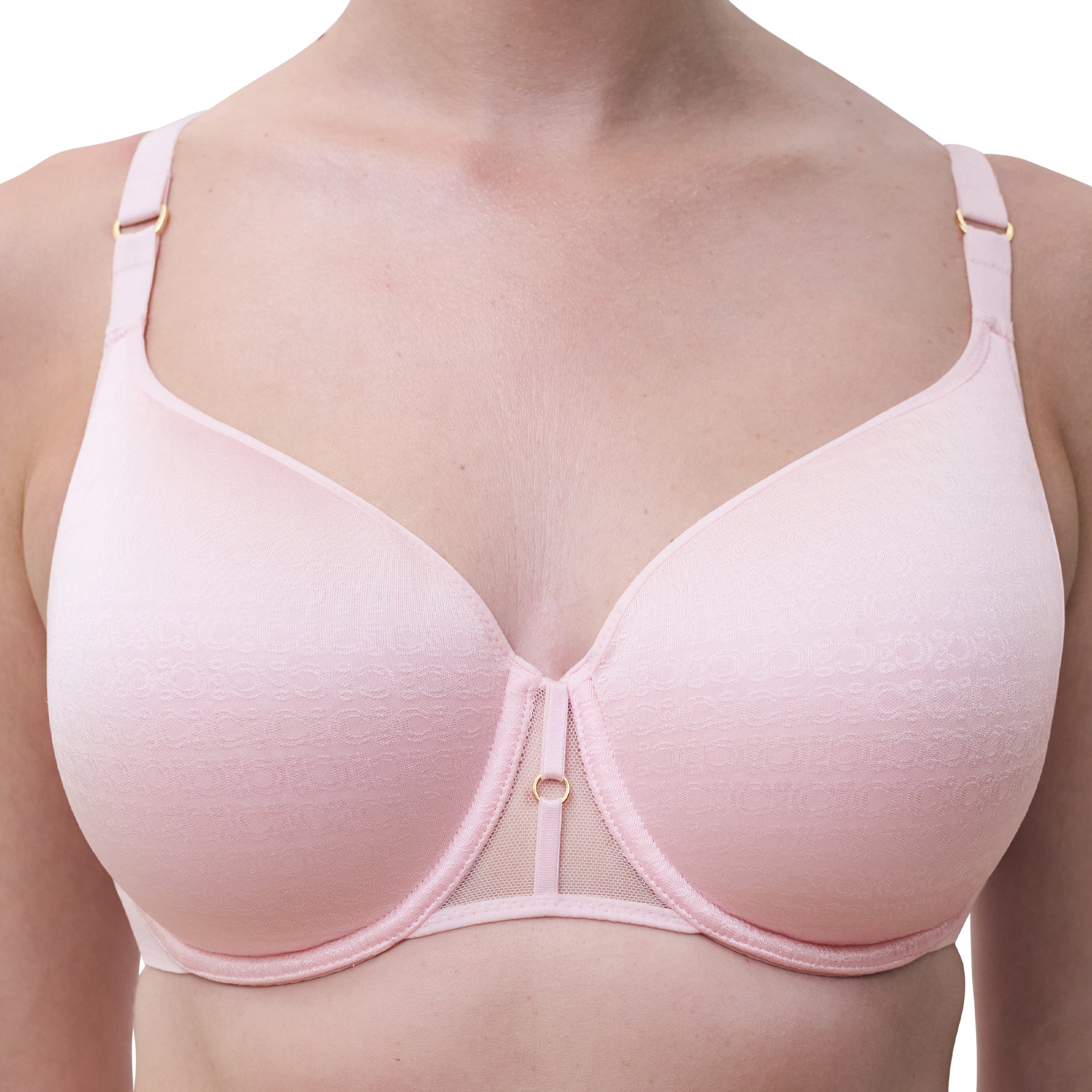 A model wearing a pink Chantelle bra on the white background., front-close-up view.