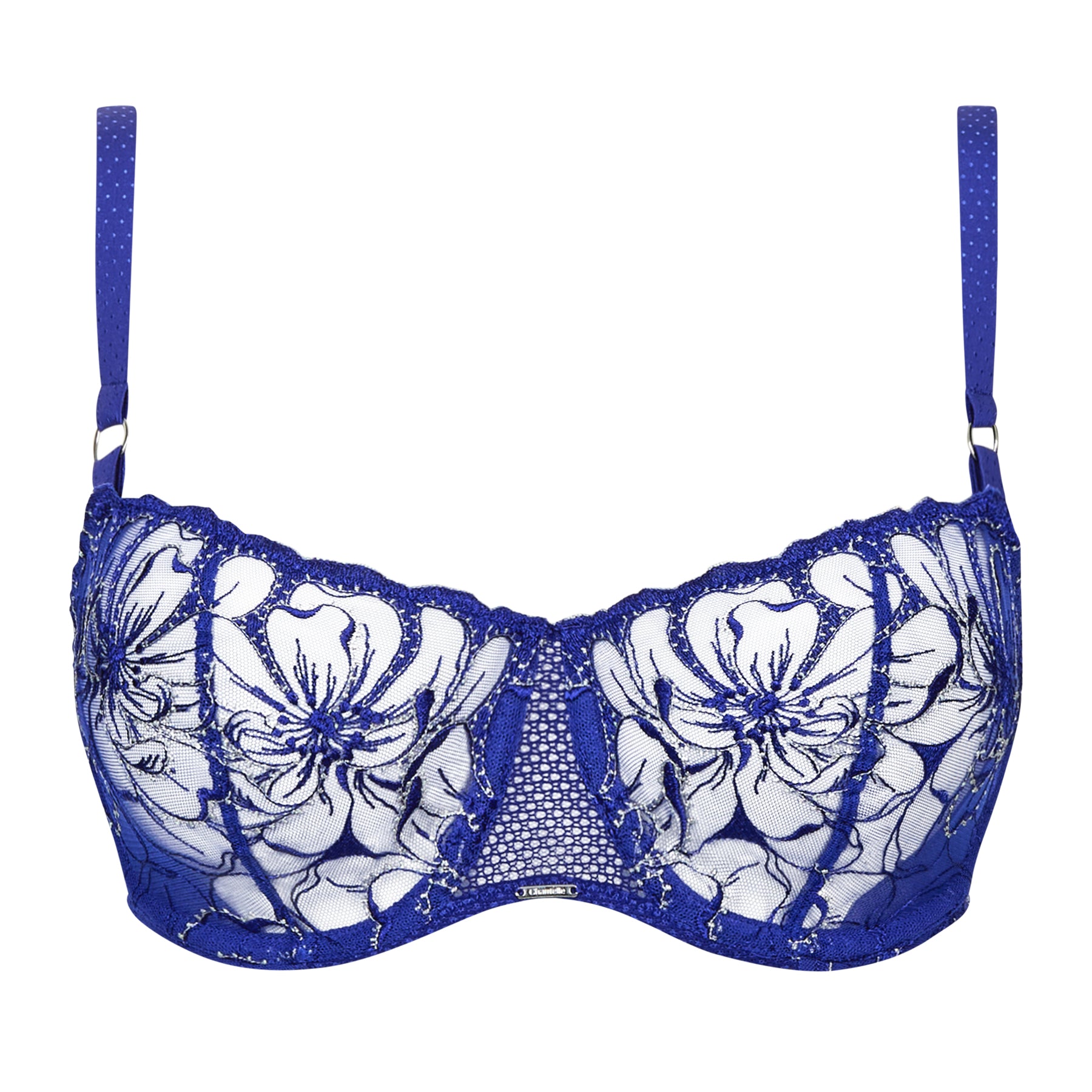 Chantelle royal blue embroidered balconette bra with sheer floral lace, shimmering silver embroidery, and supportive underwire cups on a white background.