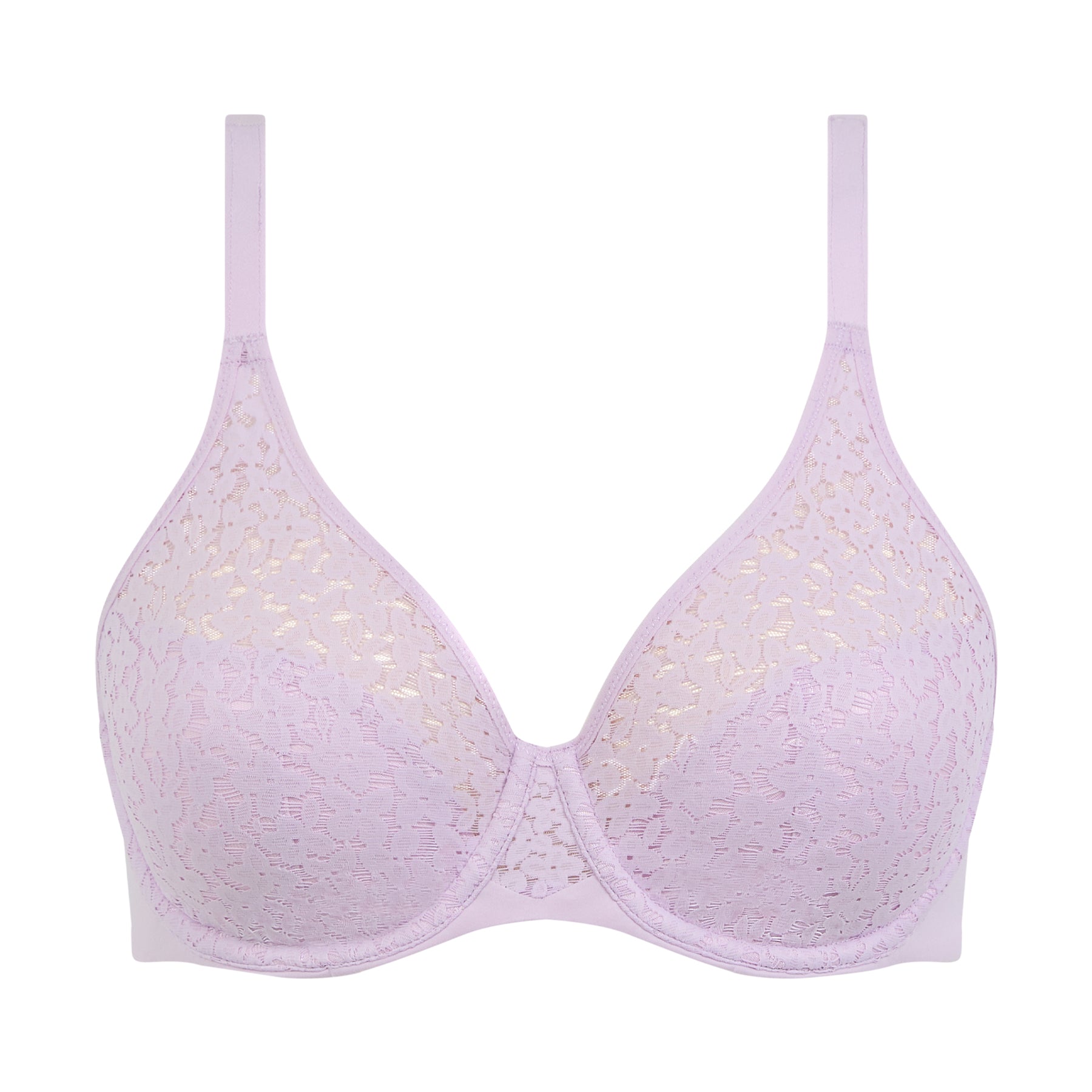 Front view of light mauve lace underwire bra with smooth cups and adjustable straps on white background.