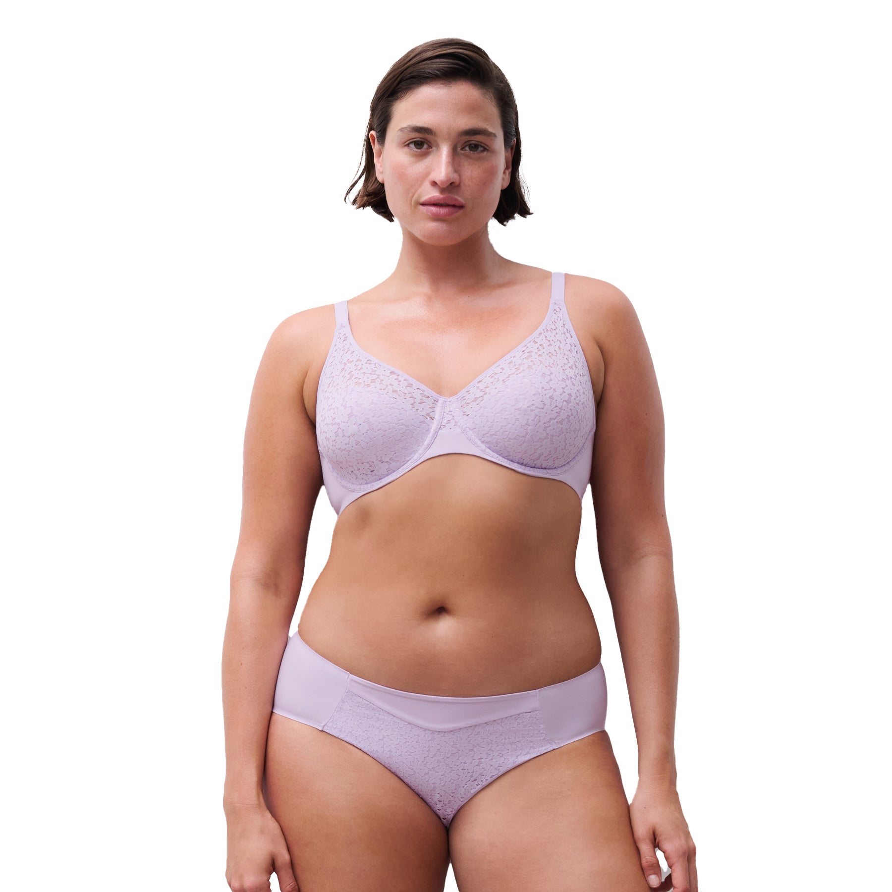 Full-body front view of model wearing light mauve lace underwire bra and matching briefs.