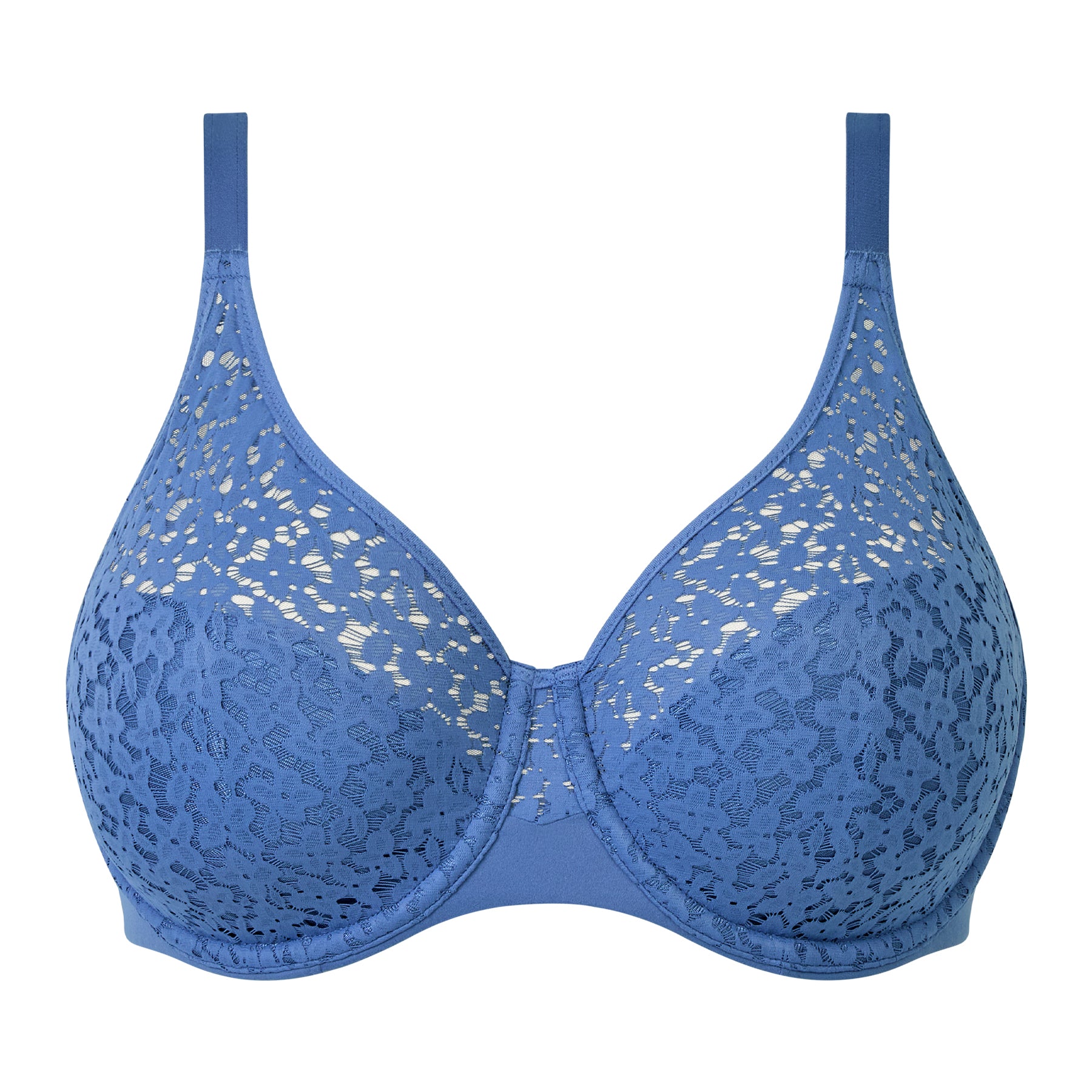 Ocean blue full cup lace bra with floral overlay, supportive underwire cups, and smooth back band detail