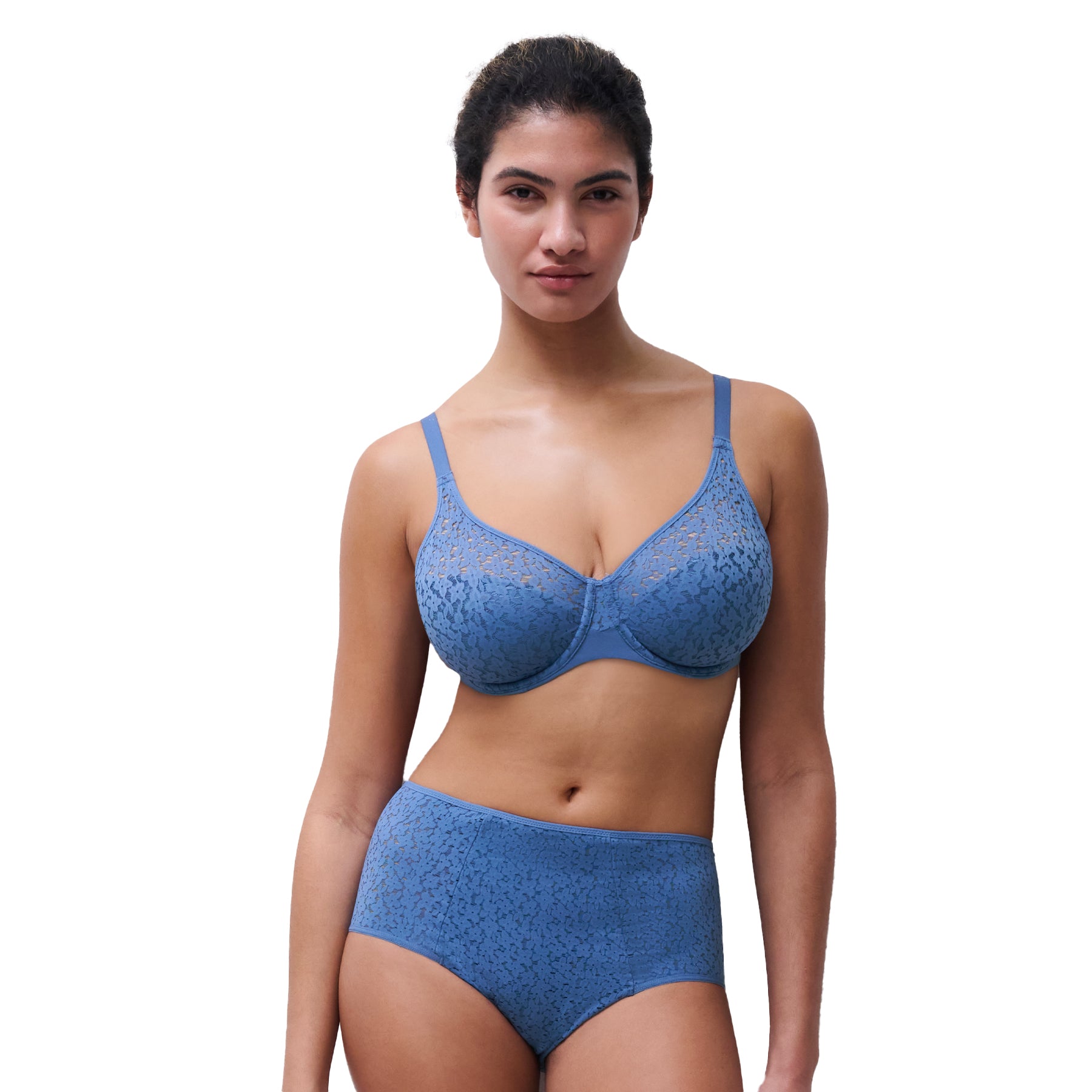 Model wearing an ocean blue lace full cup bra with matching high-waist panties and supportive seamless back design