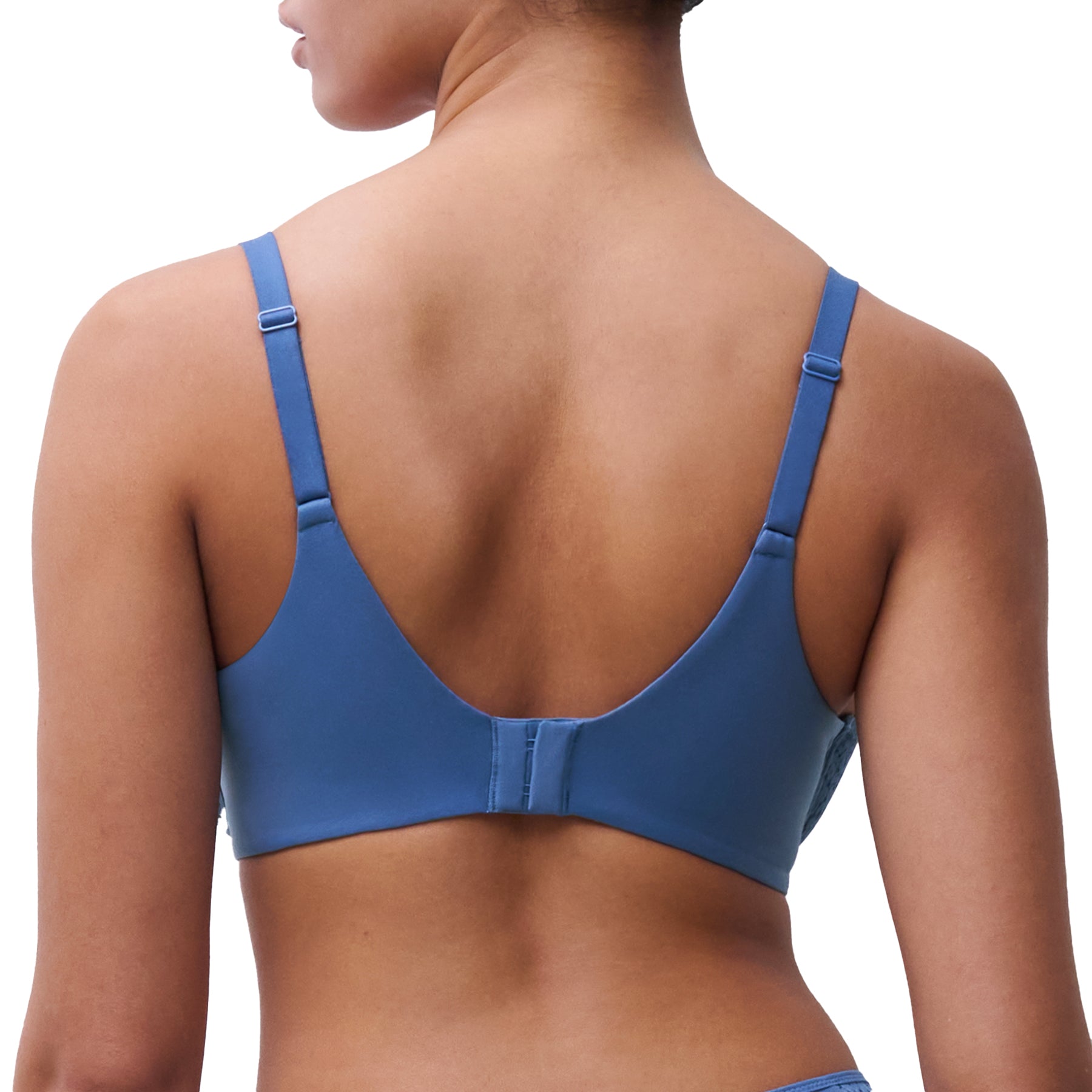 Back view of an ocean blue full cup bra with adjustable straps, smooth wings, and hook-and-eye closure