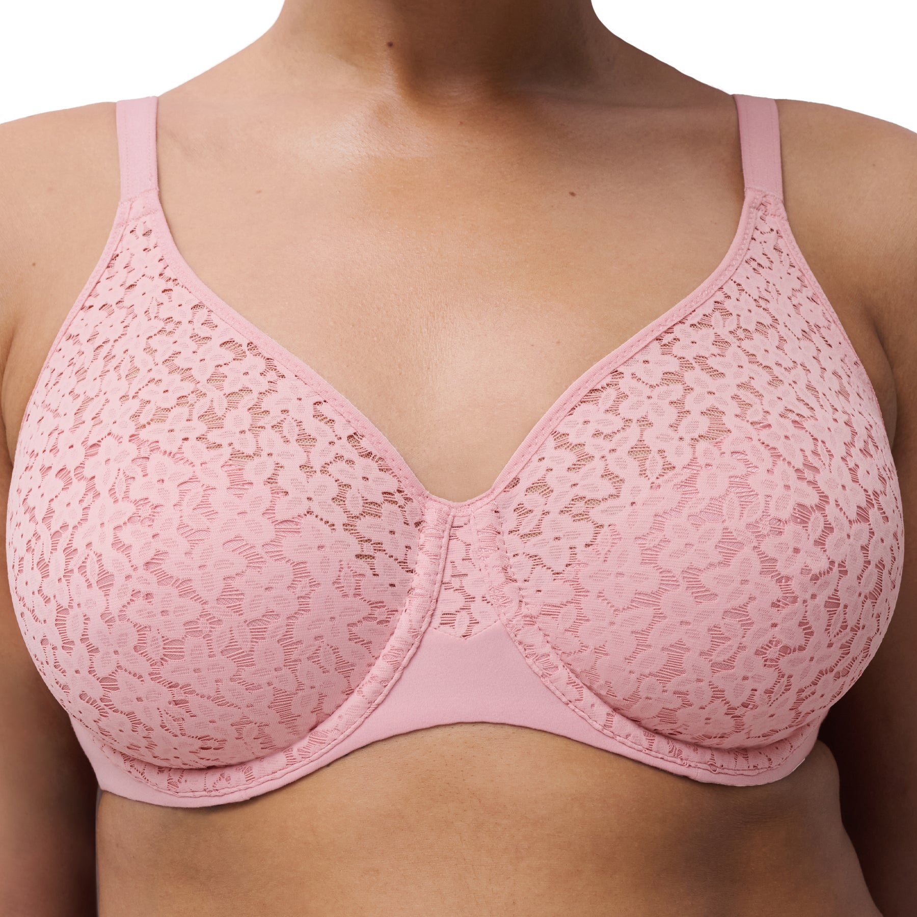 Front close-up of rose des sables lace bra showing floral lace texture and supportive underwire fit