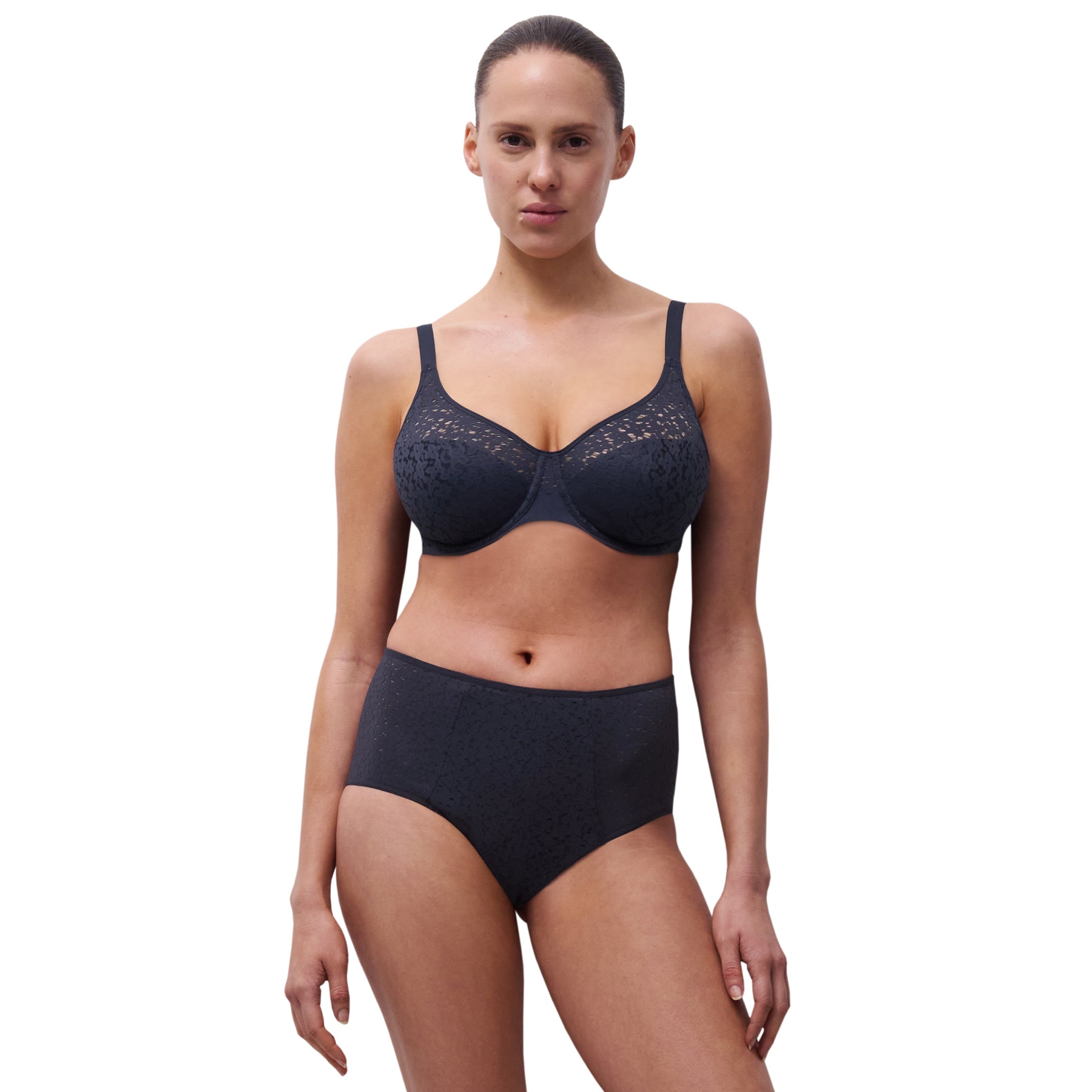 Model wearing charcoal full-cup lace bra and matching high-waisted brief - front view.