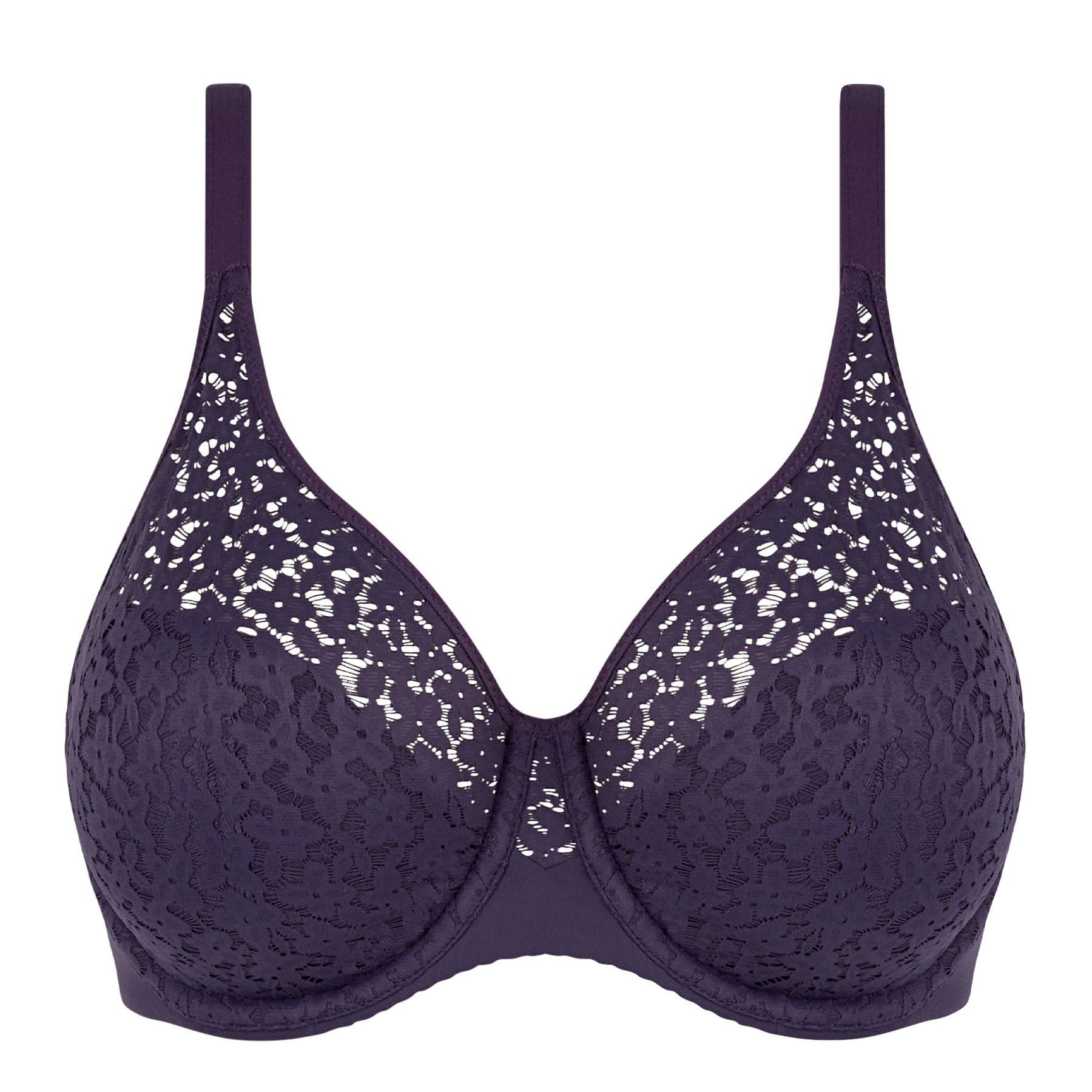 Full-cup bra in deep purple with allover floral lace - front flat lay.