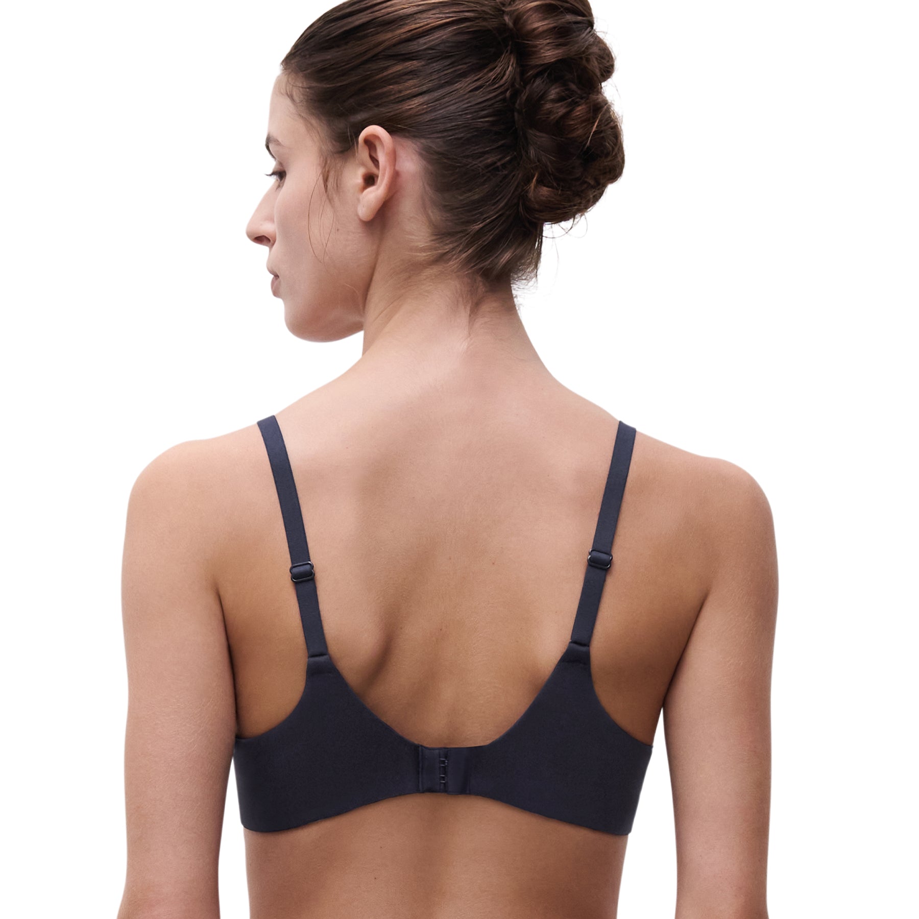 Back view of lace full-cup bra showing U-shaped band and smooth straps.