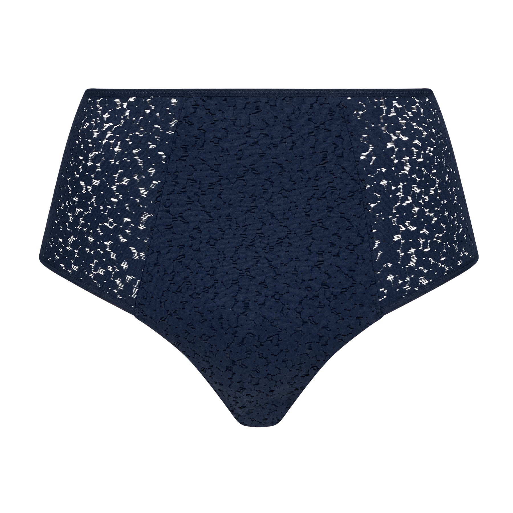 Navy high-waisted brief with semi-sheer floral lace panels - front flat lay view.