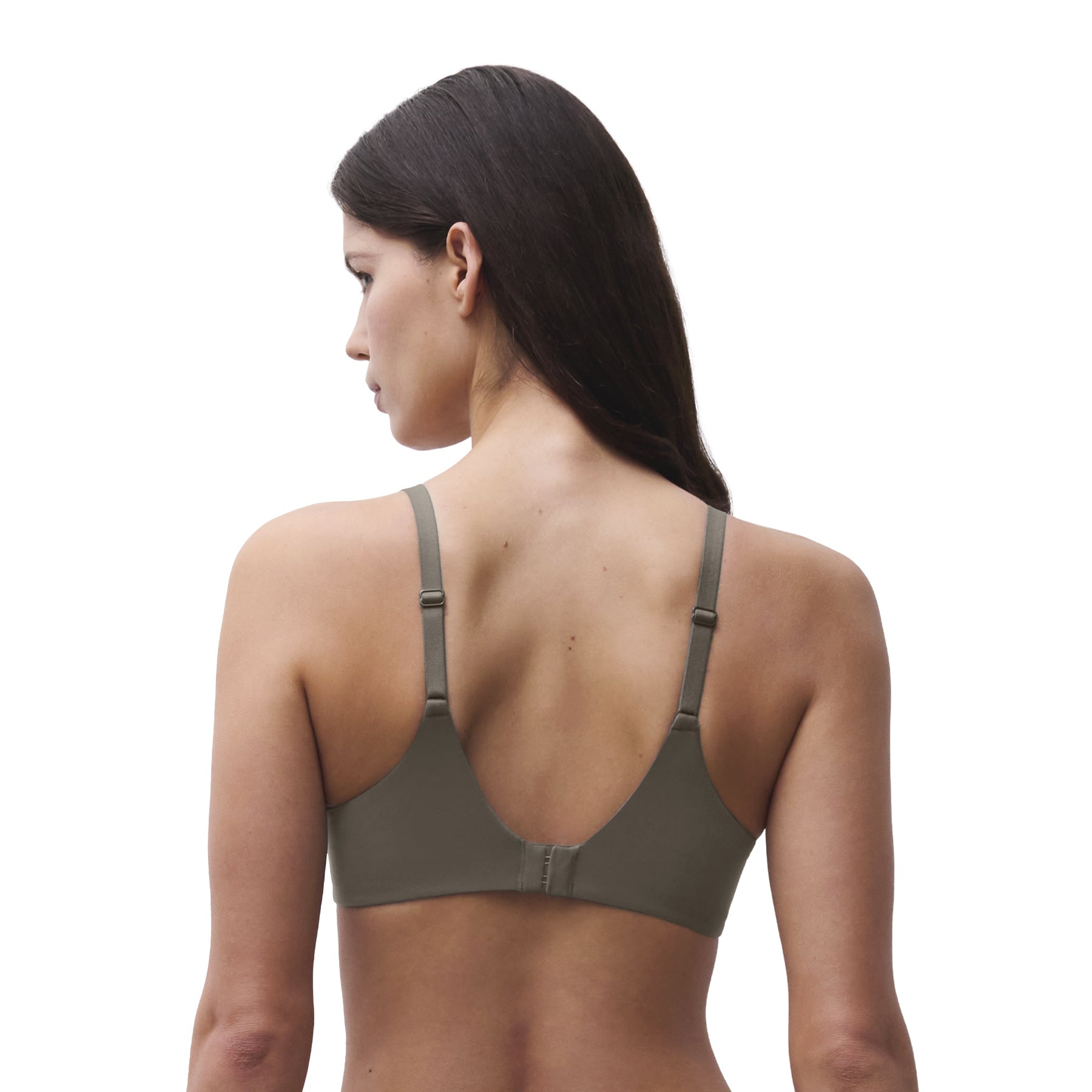 Back view of the Chantelle Norah Full Cup Seamless Bra in Vert Argile, highlighting adjustable straps, a smooth microfiber back, and hook-and-eye closure.