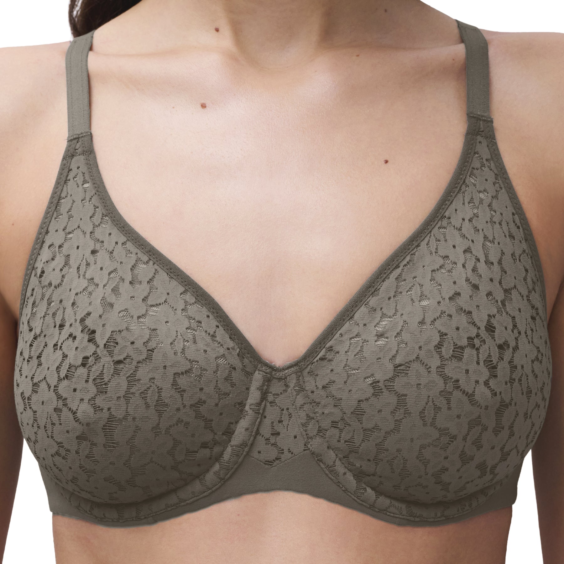 Close-up of the Chantelle Norah Full Cup Seamless Bra in Vert Argile, showcasing soft floral lace, seamless molded cups, and elegant everyday design.