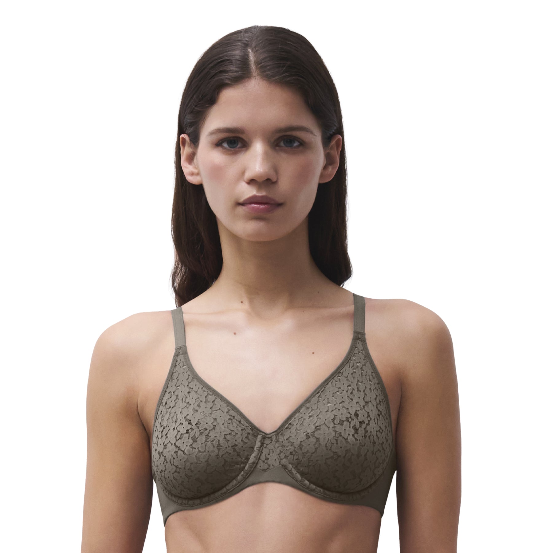 Model wearing the Chantelle Norah Full Cup Seamless Bra in Vert Argile, featuring lightweight seamless lace cups for a smooth, natural silhouette.