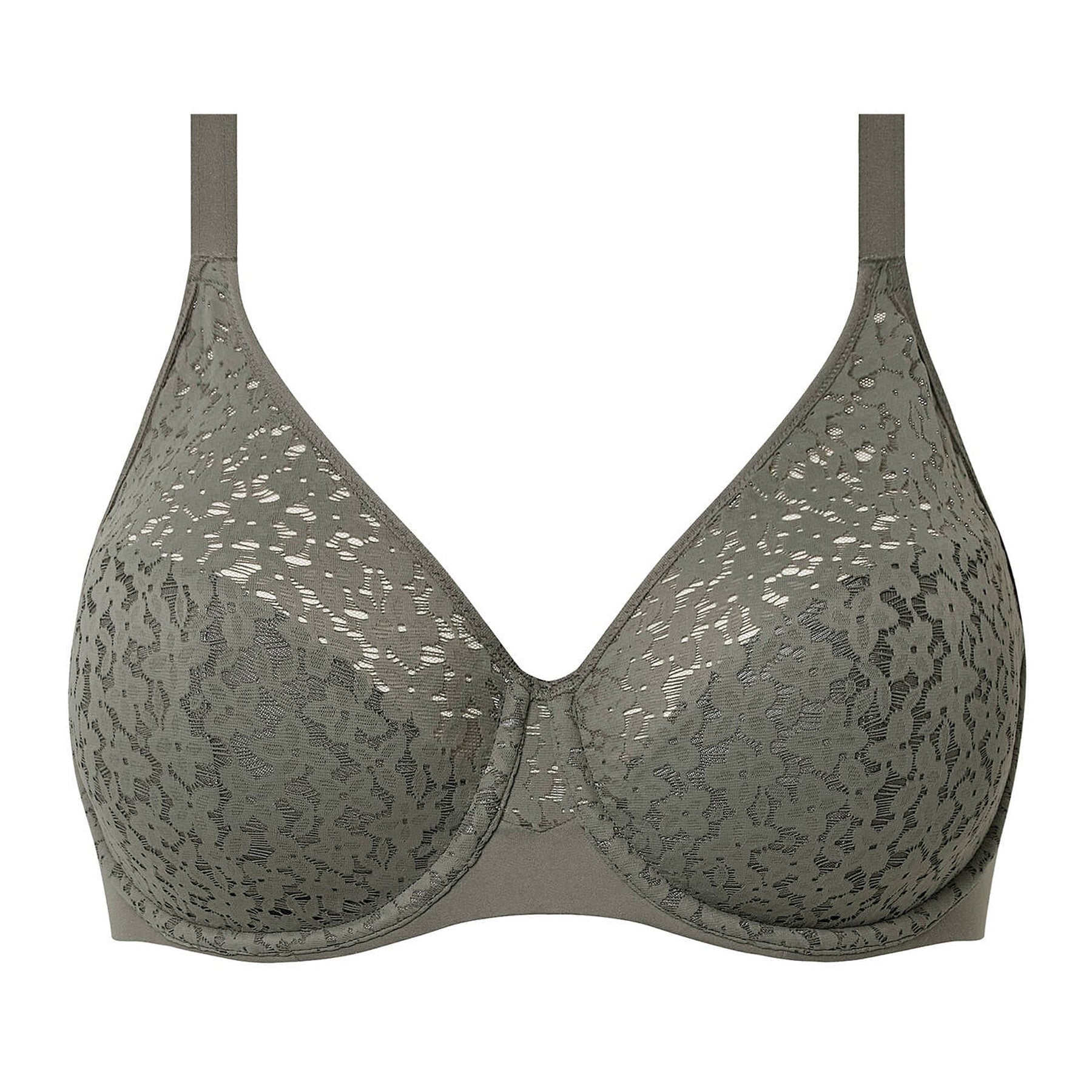 Front view of the Chantelle Norah Full Cup Seamless Bra in Vert Argile, featuring soft floral lace, seamless underwire cups, and a supportive everyday fit in an earthy green shade.
