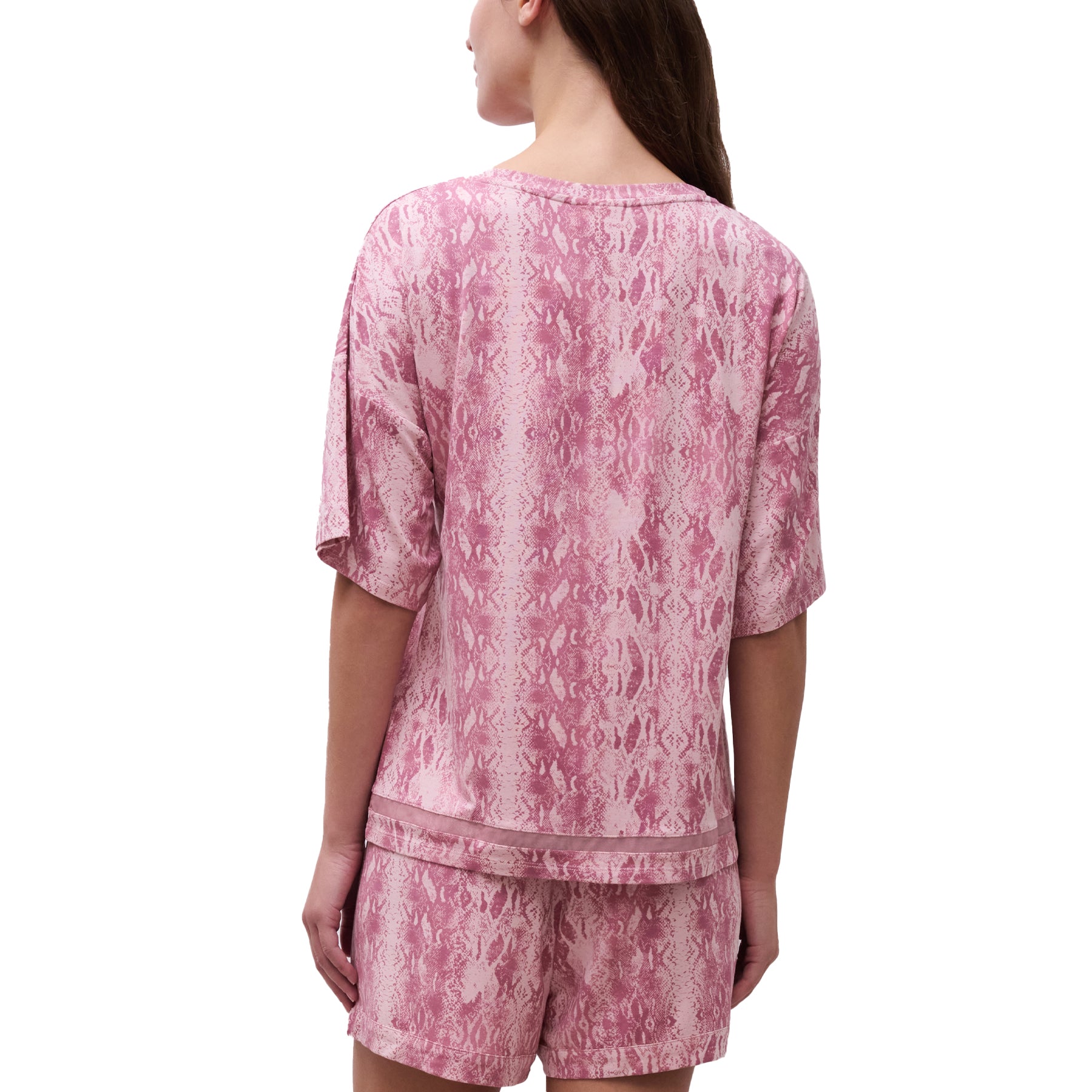 Back view of pink snake-print short-sleeve sleep top with relaxed fit and matching shorts.