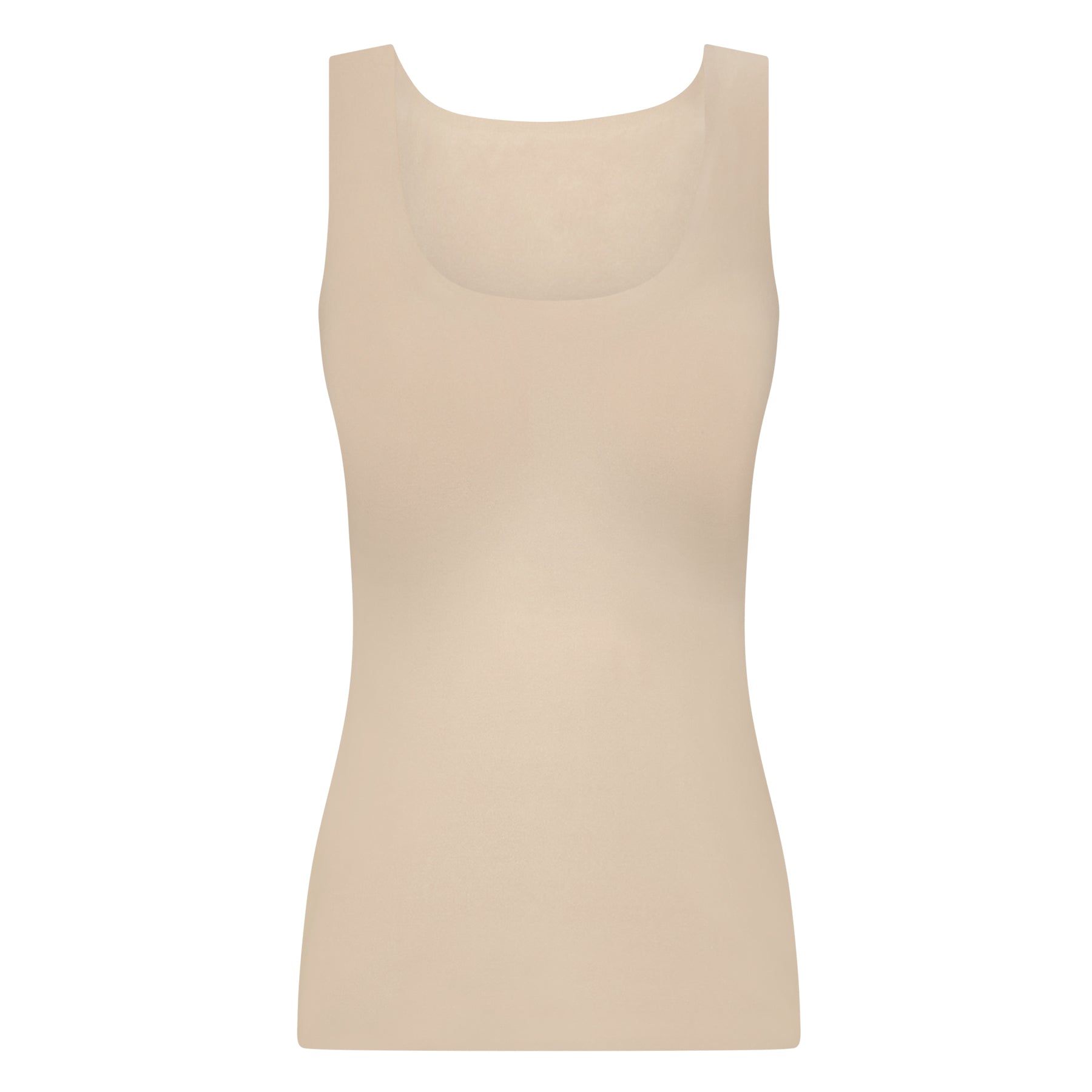 Nude padded tank top with scoop neckline and smooth stretch fabric on white background.