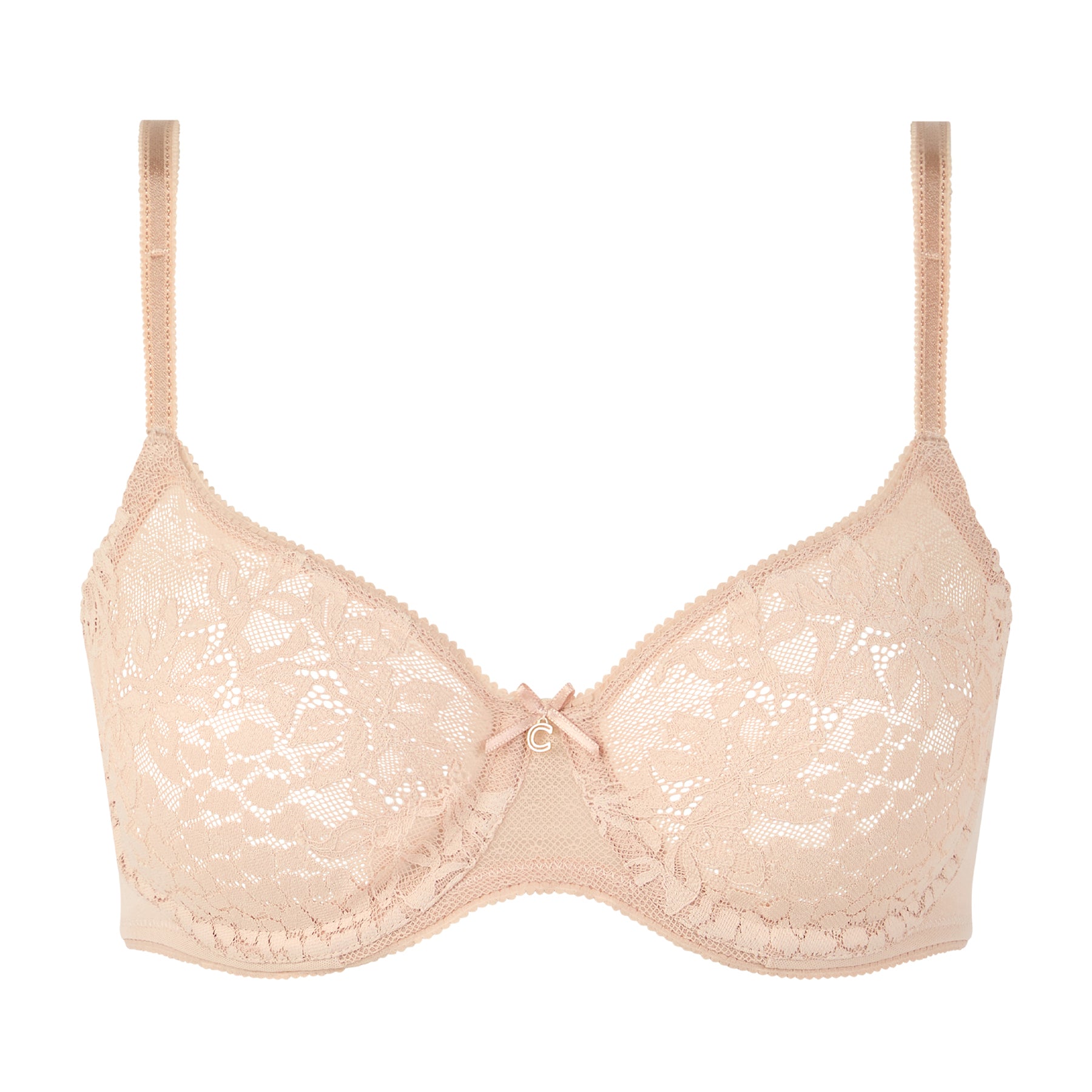 Chantelle lace full coverage bra in peau rosée, front view on white background.