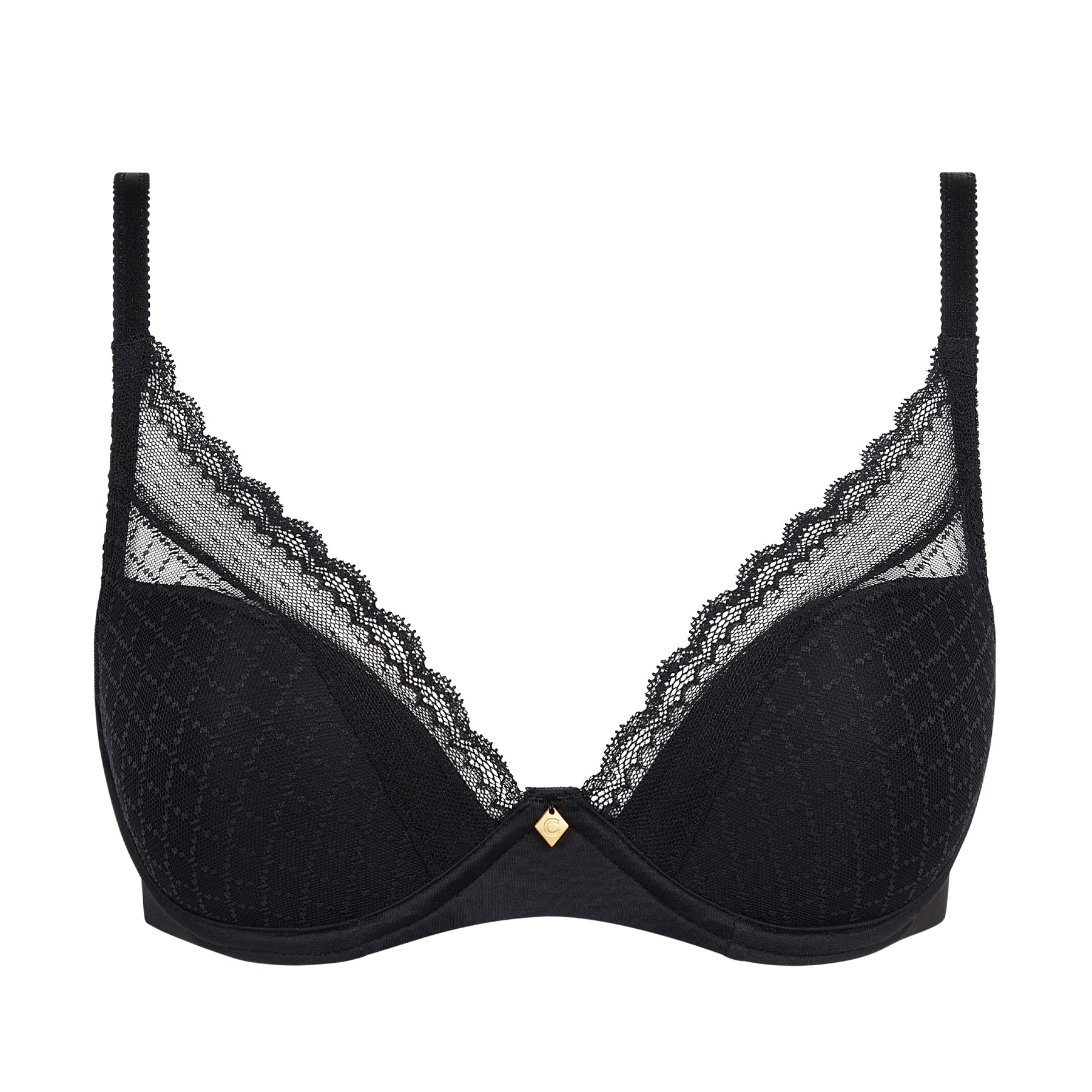 Product image of black plunge bra with scalloped lace trim and patterned cups on white background.