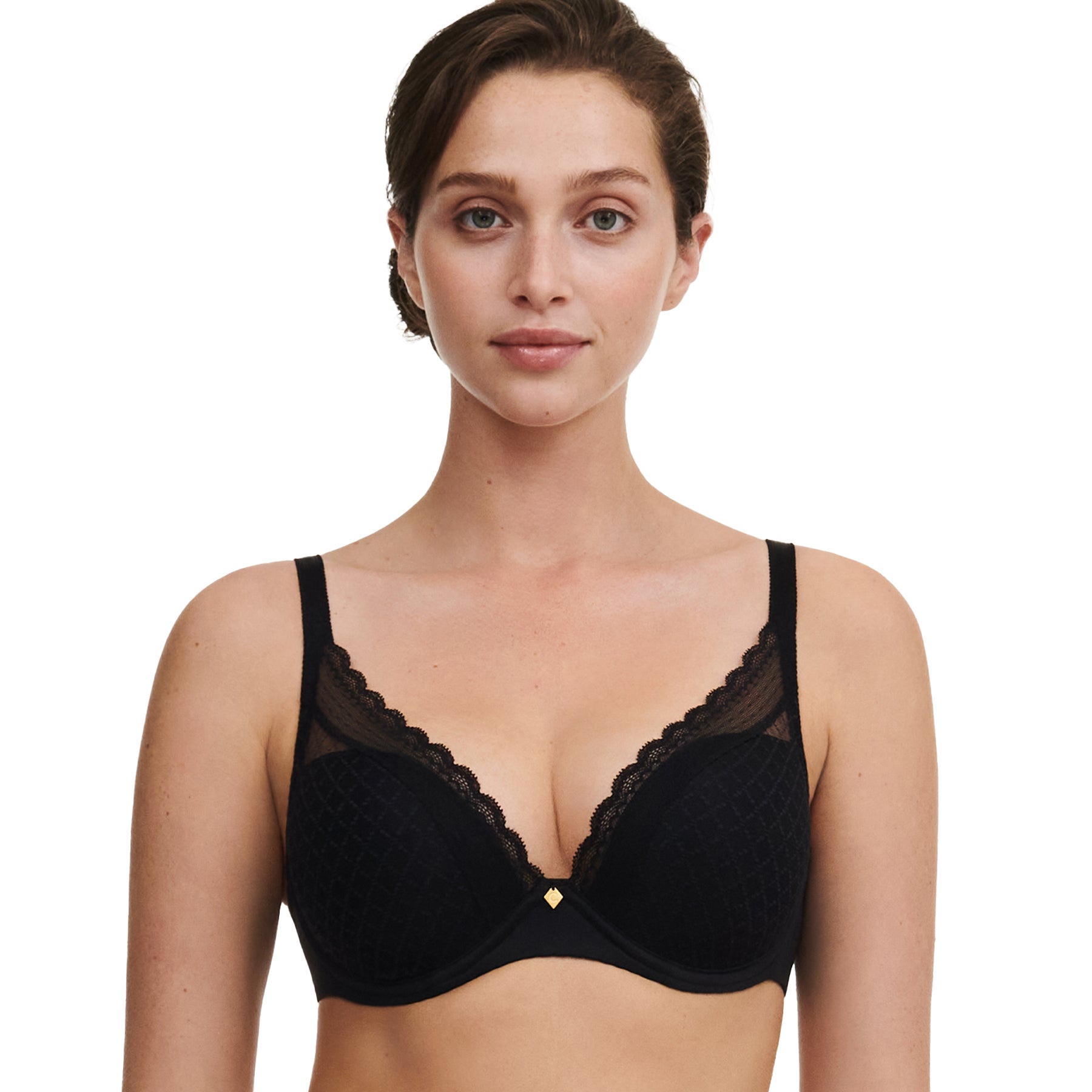Front portrait view of model wearing black plunge bra with lace trim.