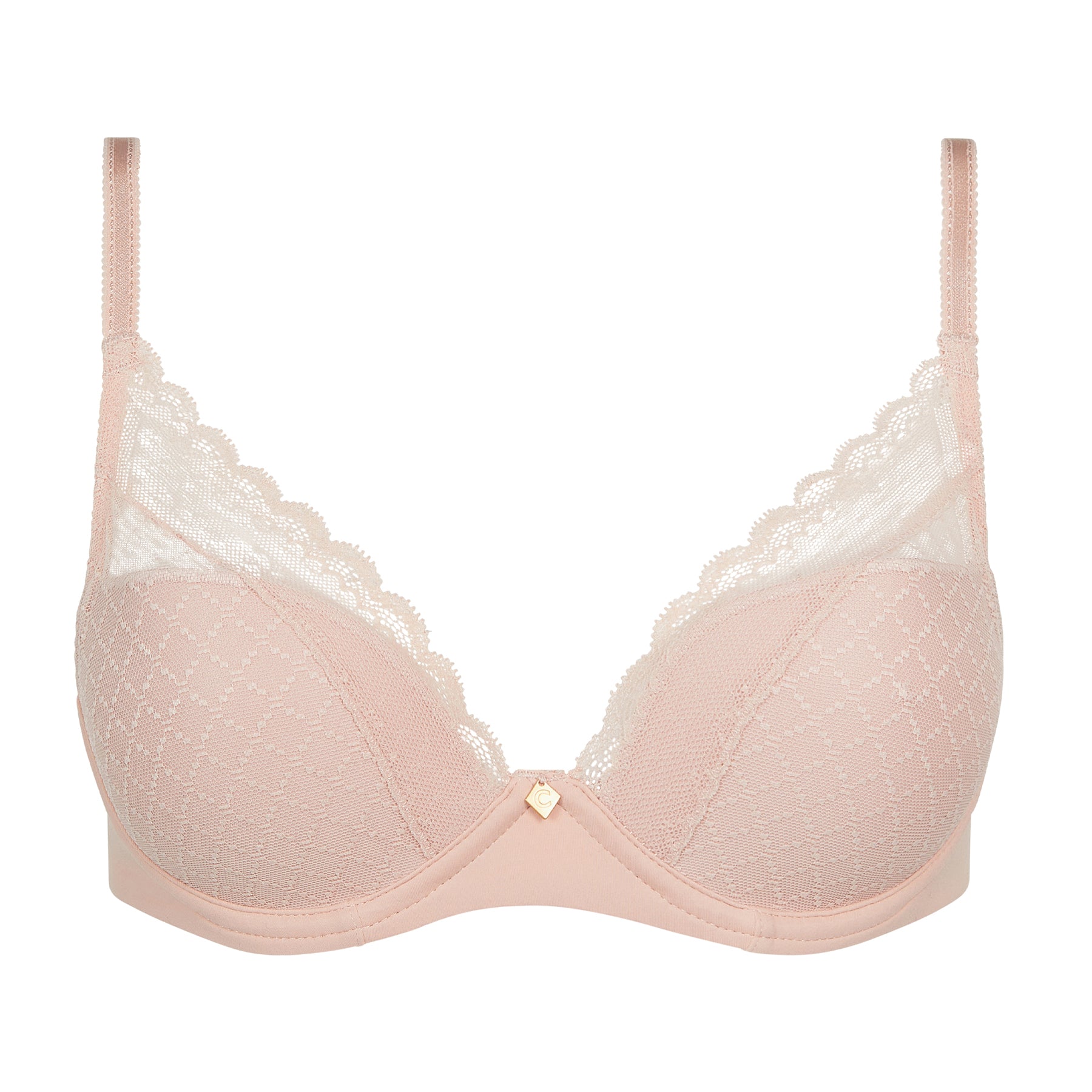 Product image of nude rose plunge bra with lace trim and patterned cups on a white background.