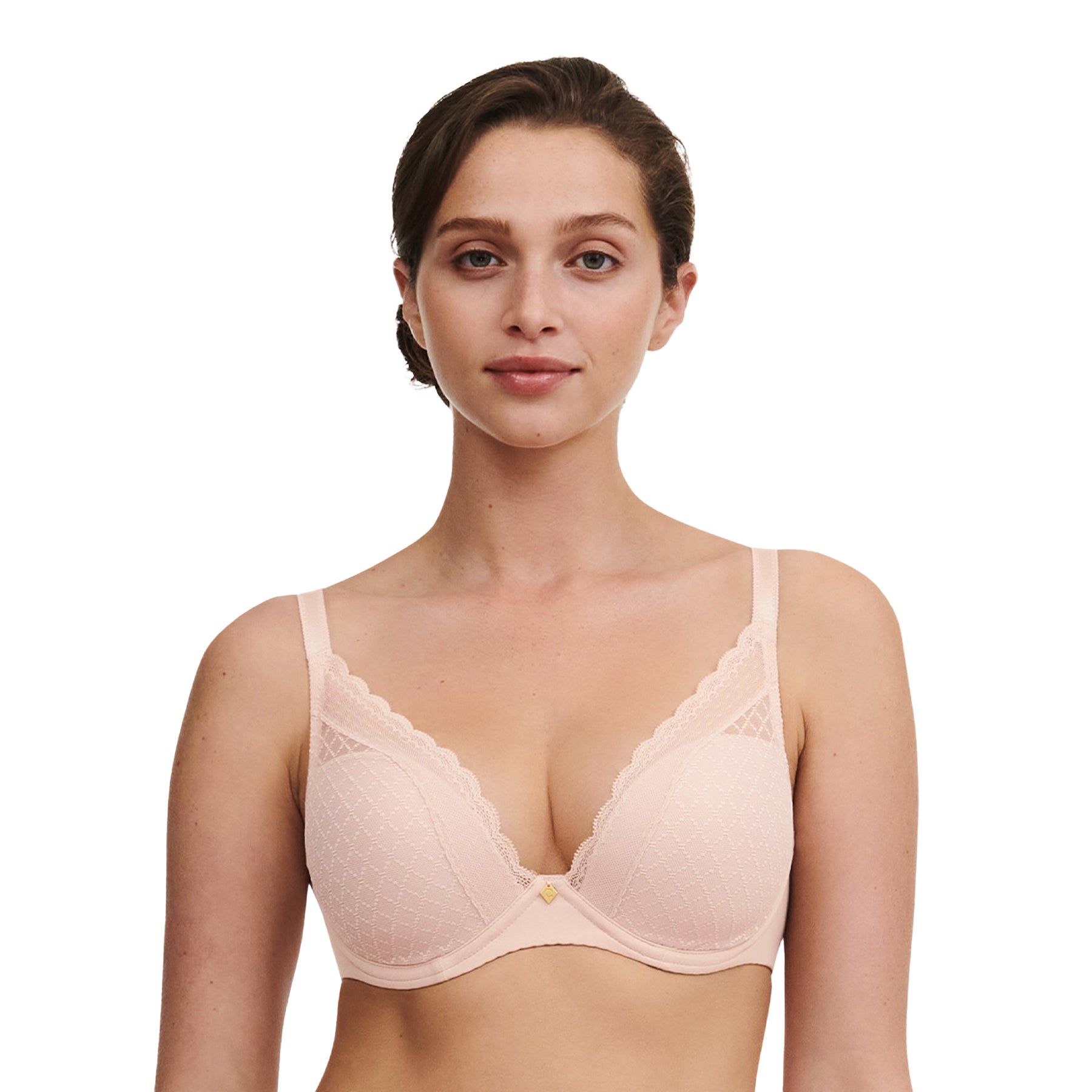 Front portrait view of model wearing nude rose plunge bra with lace trim.
