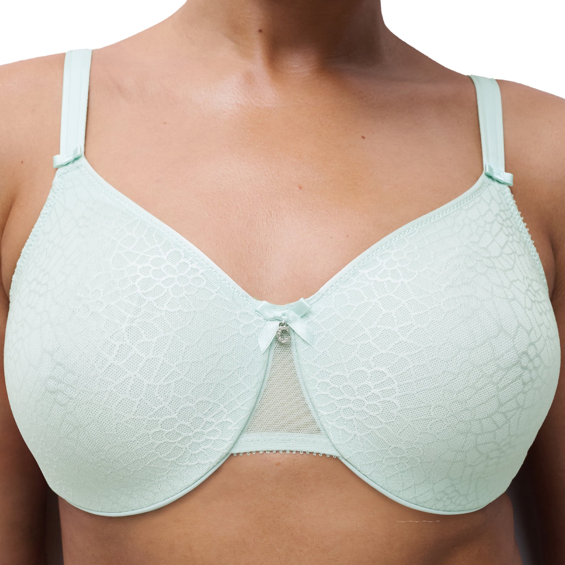 Front close-up of atoll green lace underwire bra showing floral lace texture and smooth supportive cups