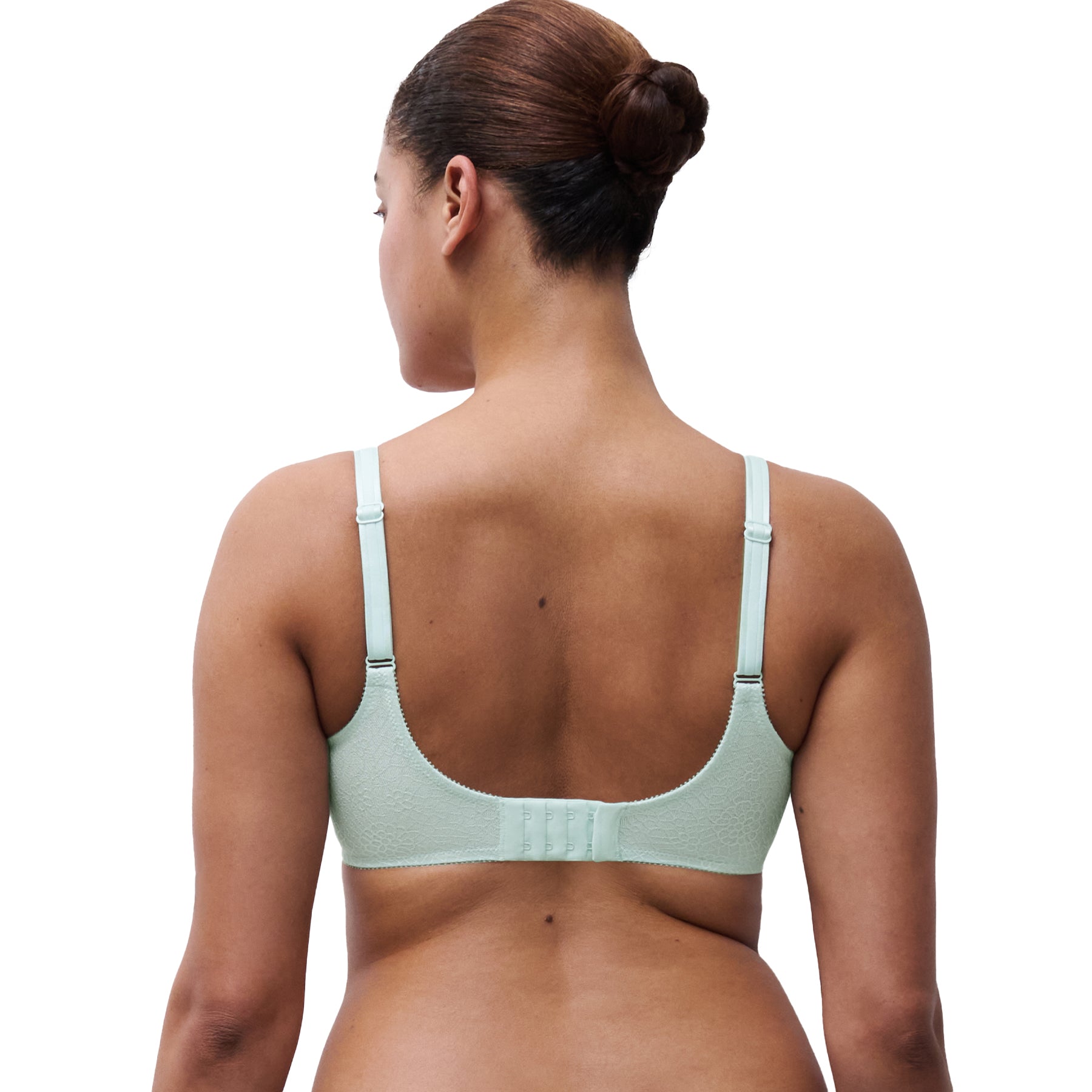 Back view of atoll green lace bra featuring adjustable straps and hook-and-eye closure