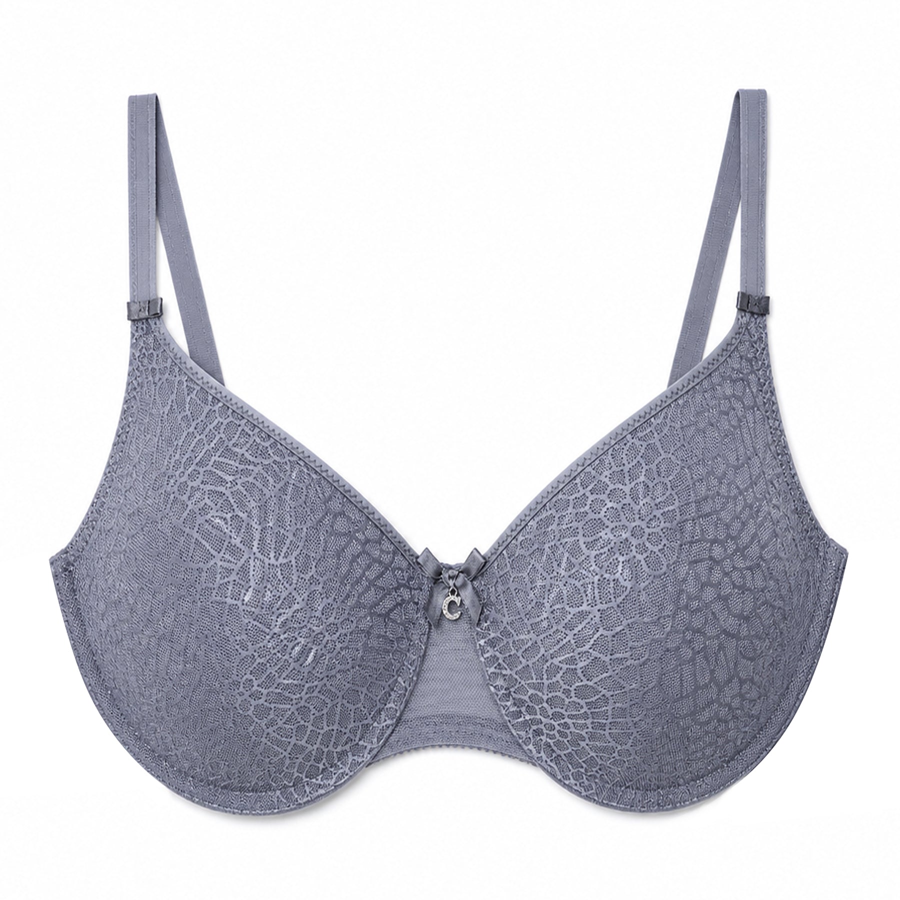 Chantelle C Magnifique seamless minimizer bra in New Smoke Grey with floral jacquard cups and smooth full coverage support.