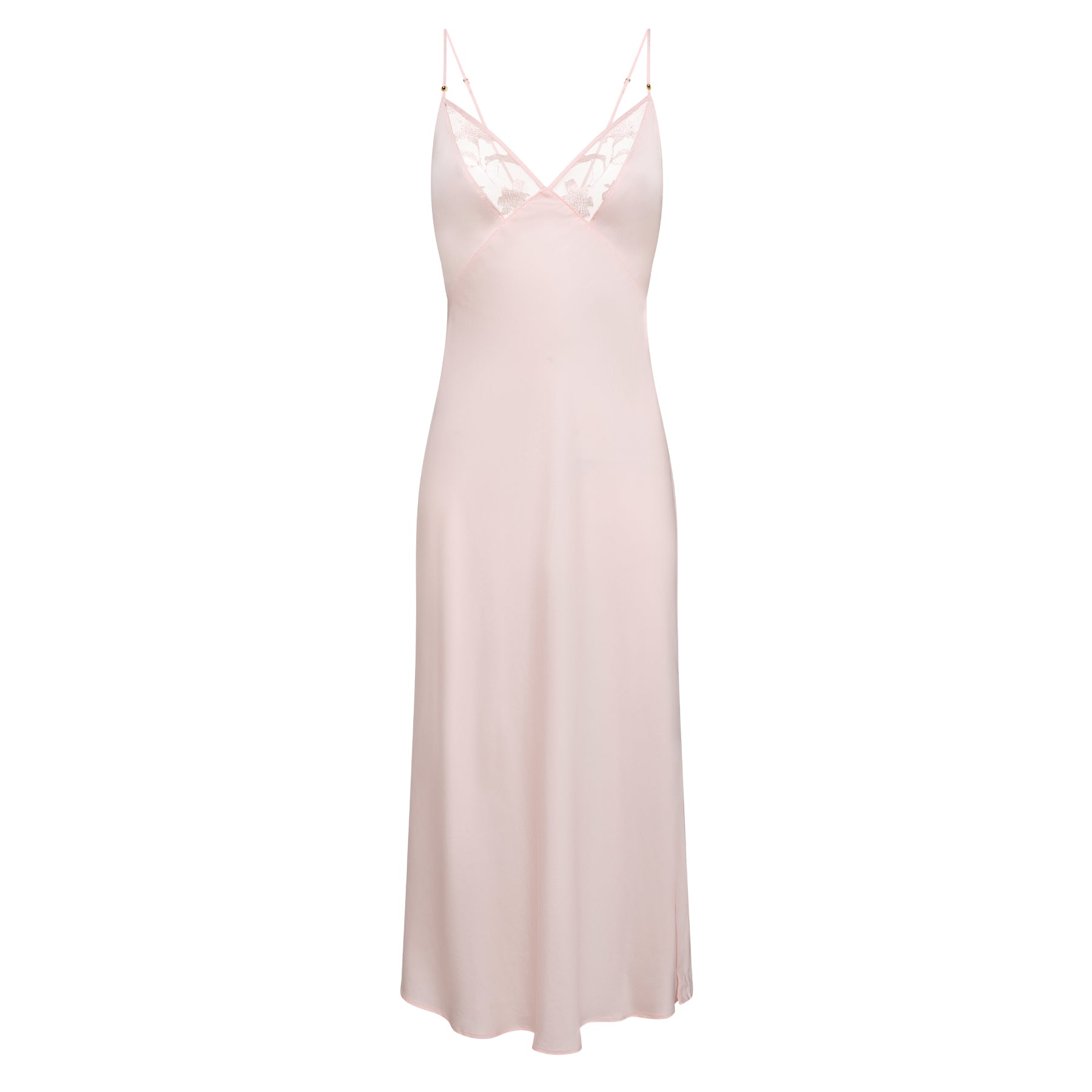 Blush pink long slip dress with lace-trimmed V-neckline and fluid silhouette, laid flat on a white background.