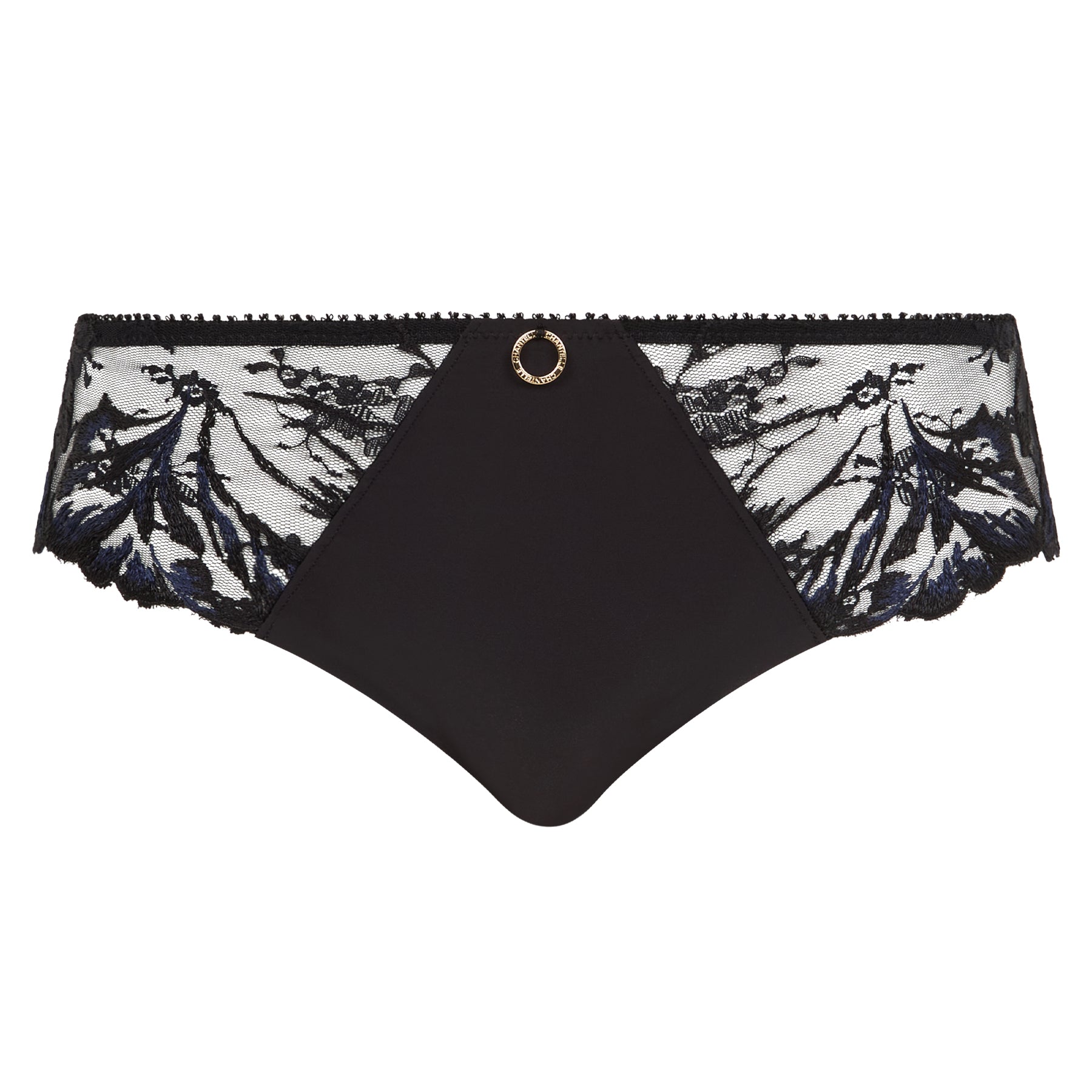 Black full brief with sheer black and navy floral embroidery, smooth opaque front panel and gold ring detail.