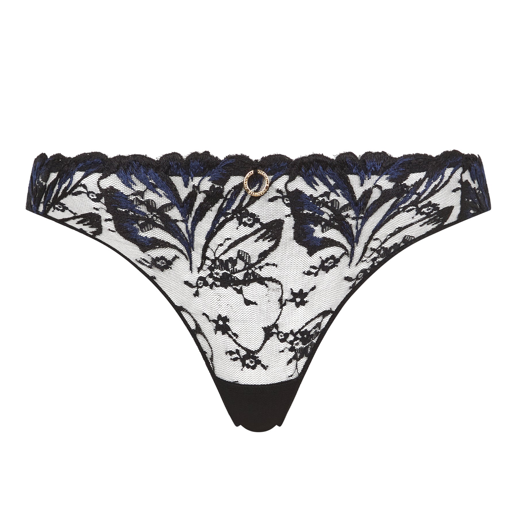 Black and navy floral lace thong with sheer mesh, scalloped trim and gold ring detail on a white background.