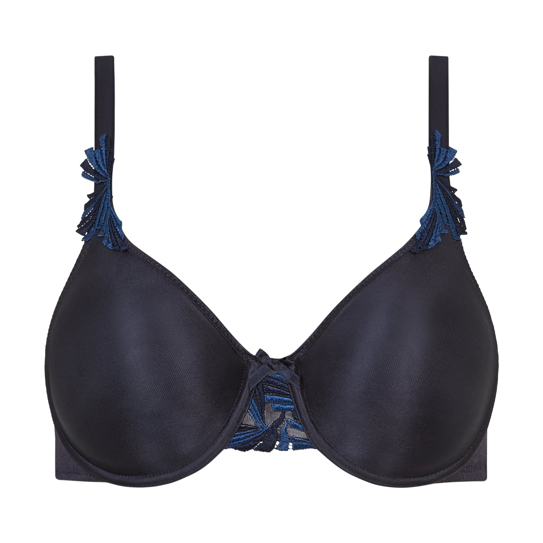 Chantelle Hedona seamless full coverage bra in deep navy with smooth molded cups and elegant embroidered accents.