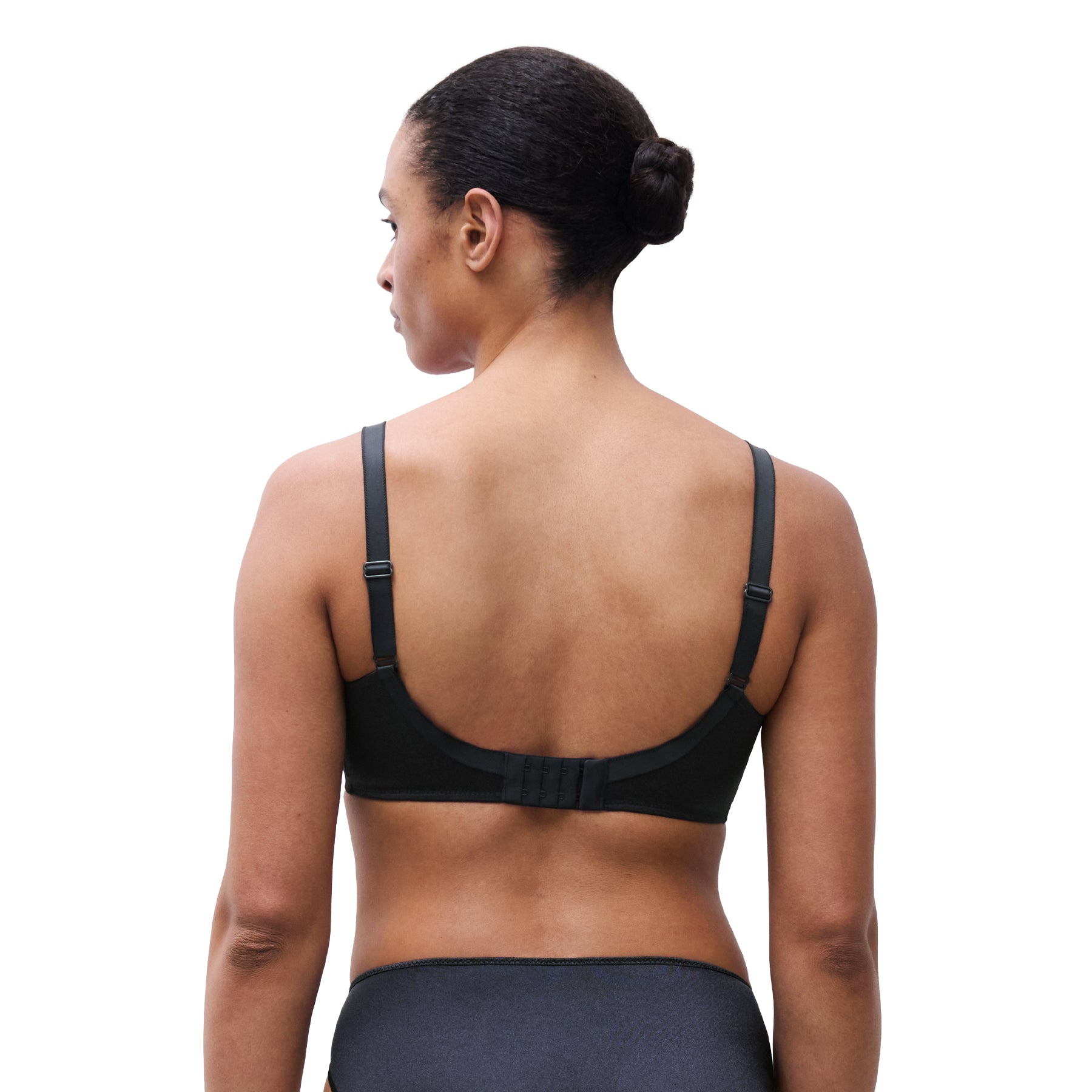 Back view of Chantelle Hedona bra in deep navy featuring adjustable straps and a supportive, smooth back band.