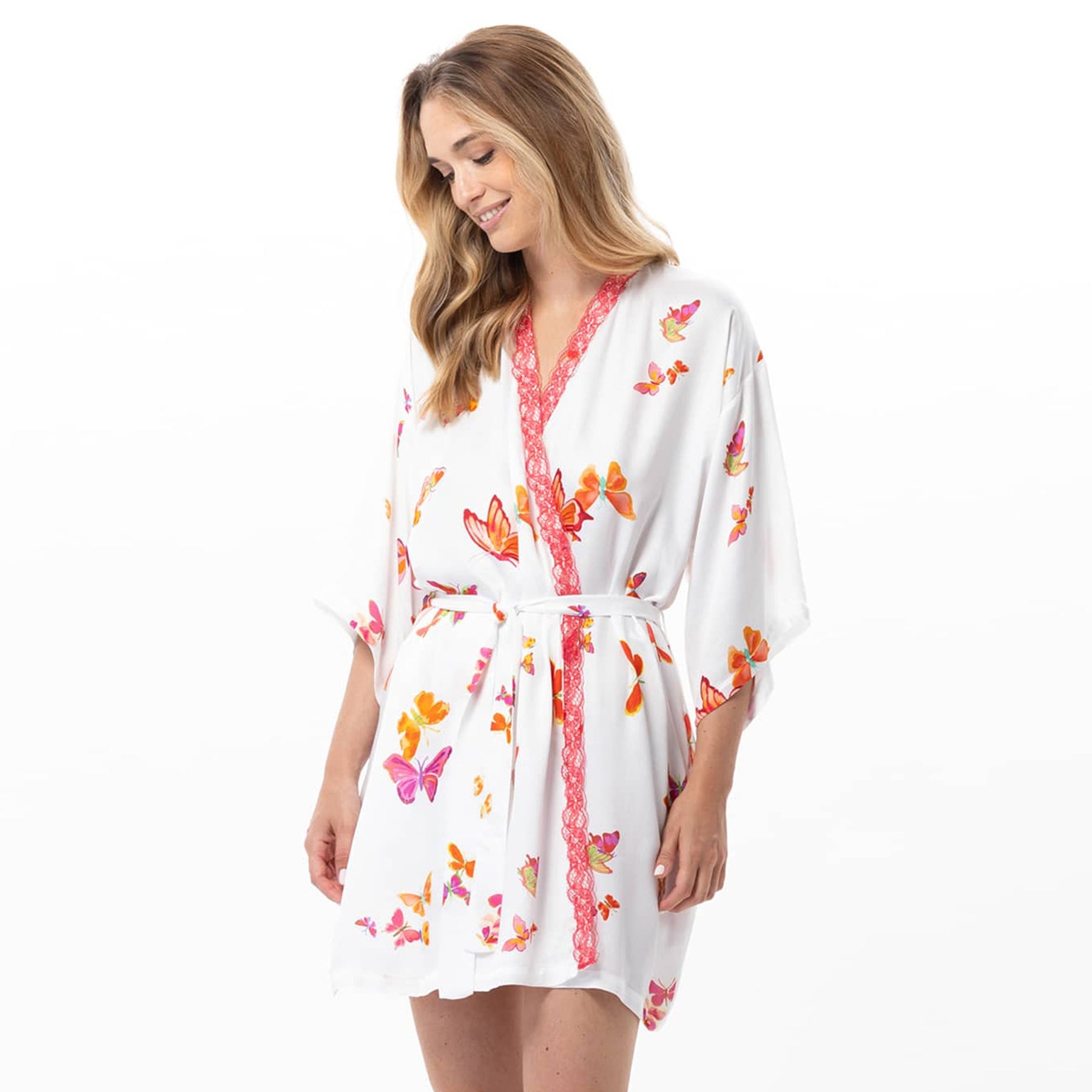 White butterfly print robe with flowing sleeves and tie waist angled side view