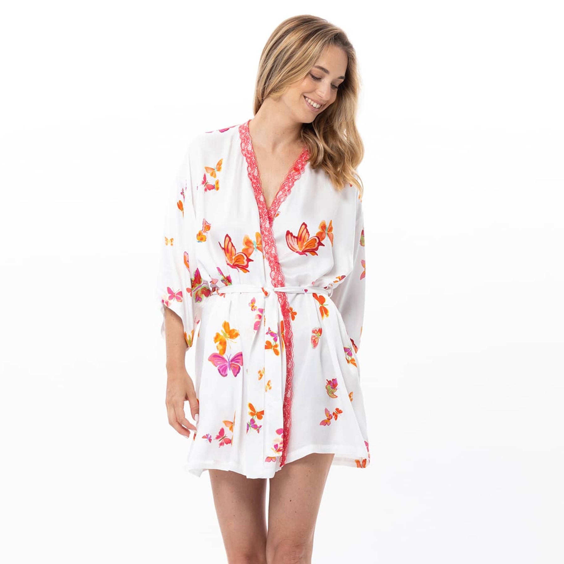White lightweight robe with butterfly pattern and pink lace trim front view on model