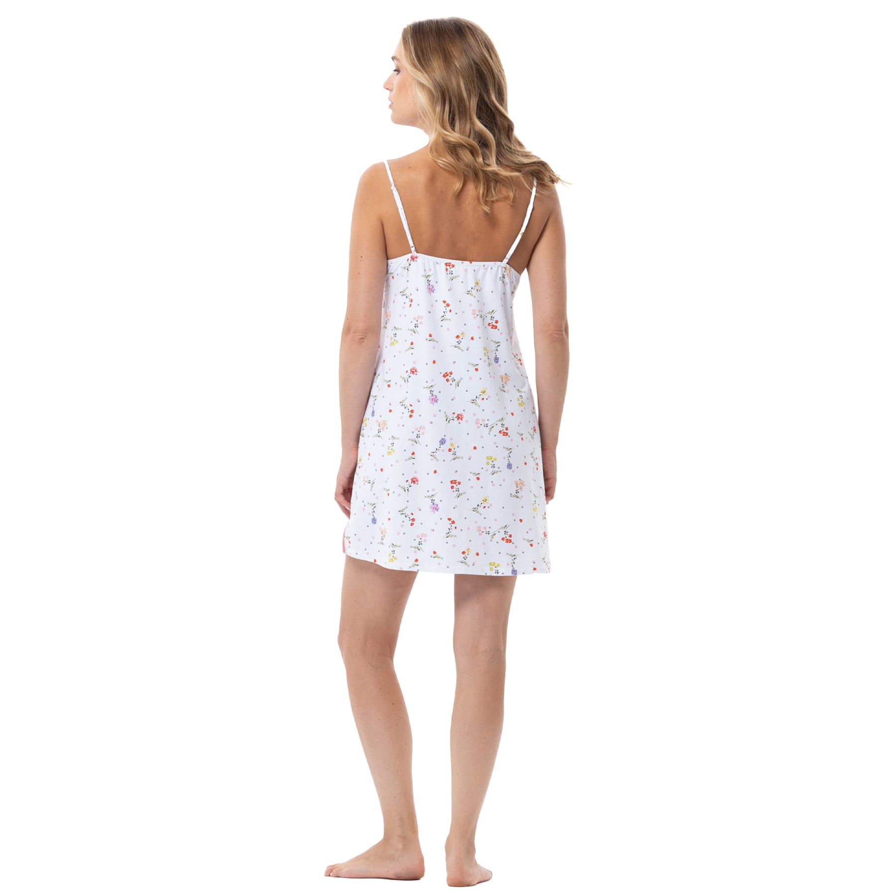 Back view of white floral nightgown with adjustable straps, soft lightweight sleepwear for women
