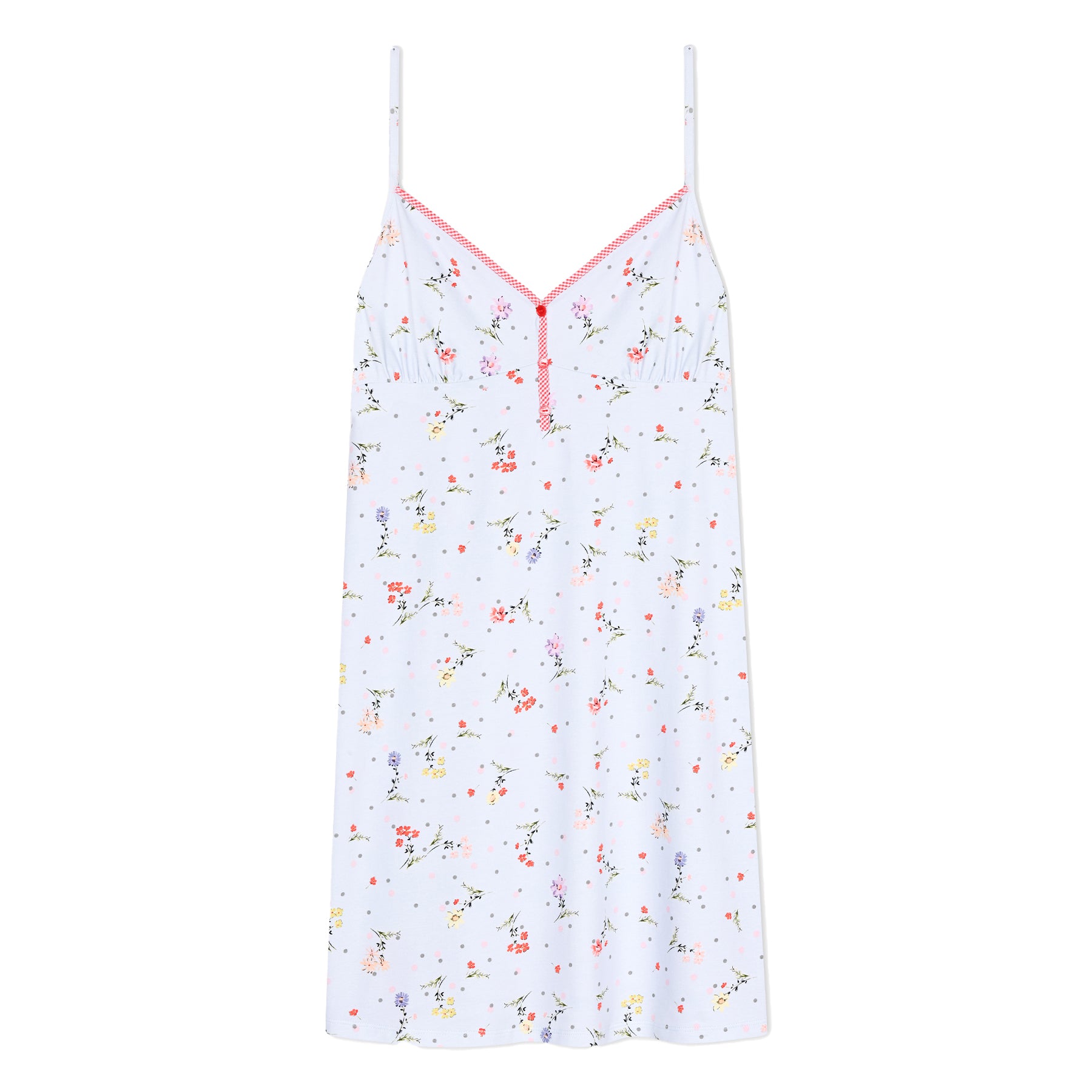 White floral print nightgown with pink trim and button front detail, women’s lightweight sleep dress