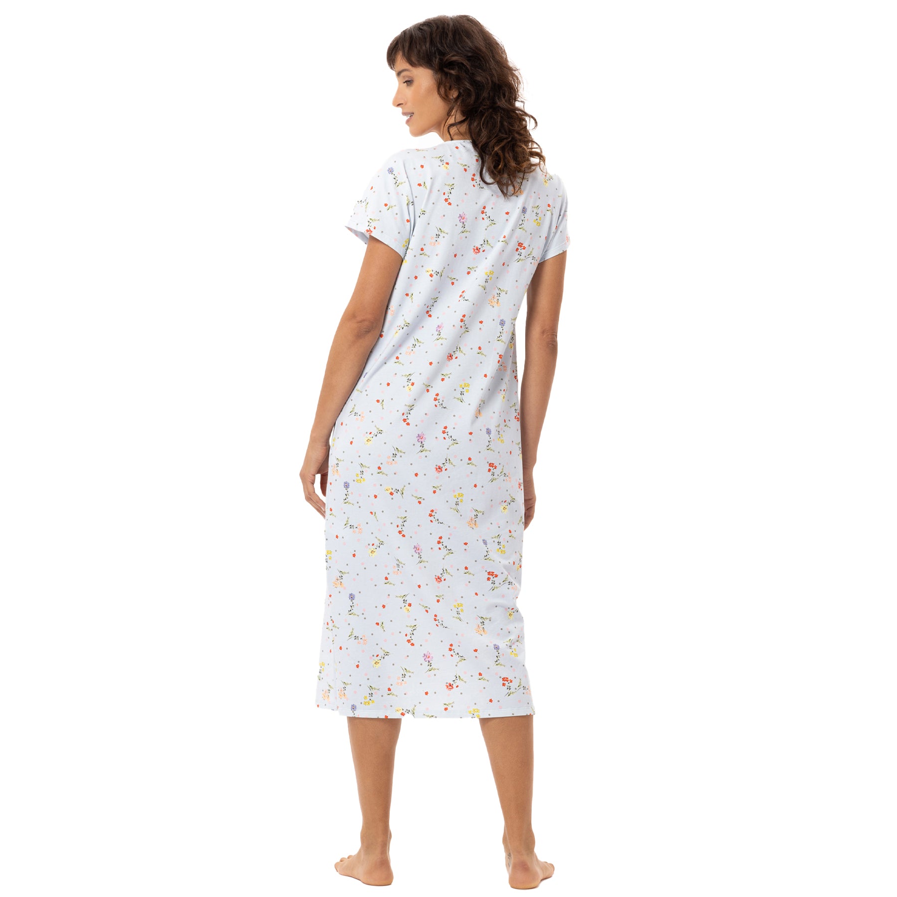 Back view of light blue floral nightgown with short sleeves, relaxed fit and mid-calf length