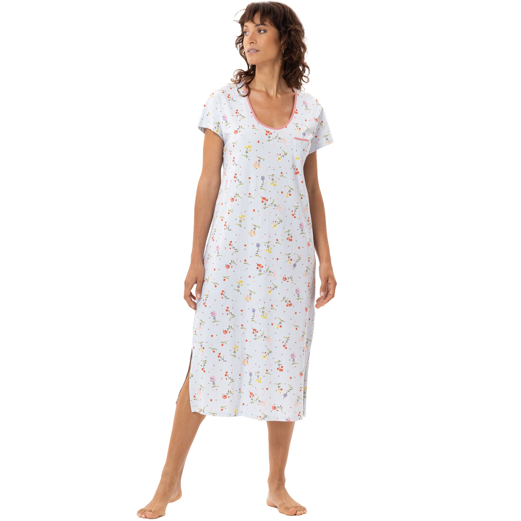 Front view of light blue floral cotton nightgown with pink trim neckline and small chest pocket, relaxed silhouette